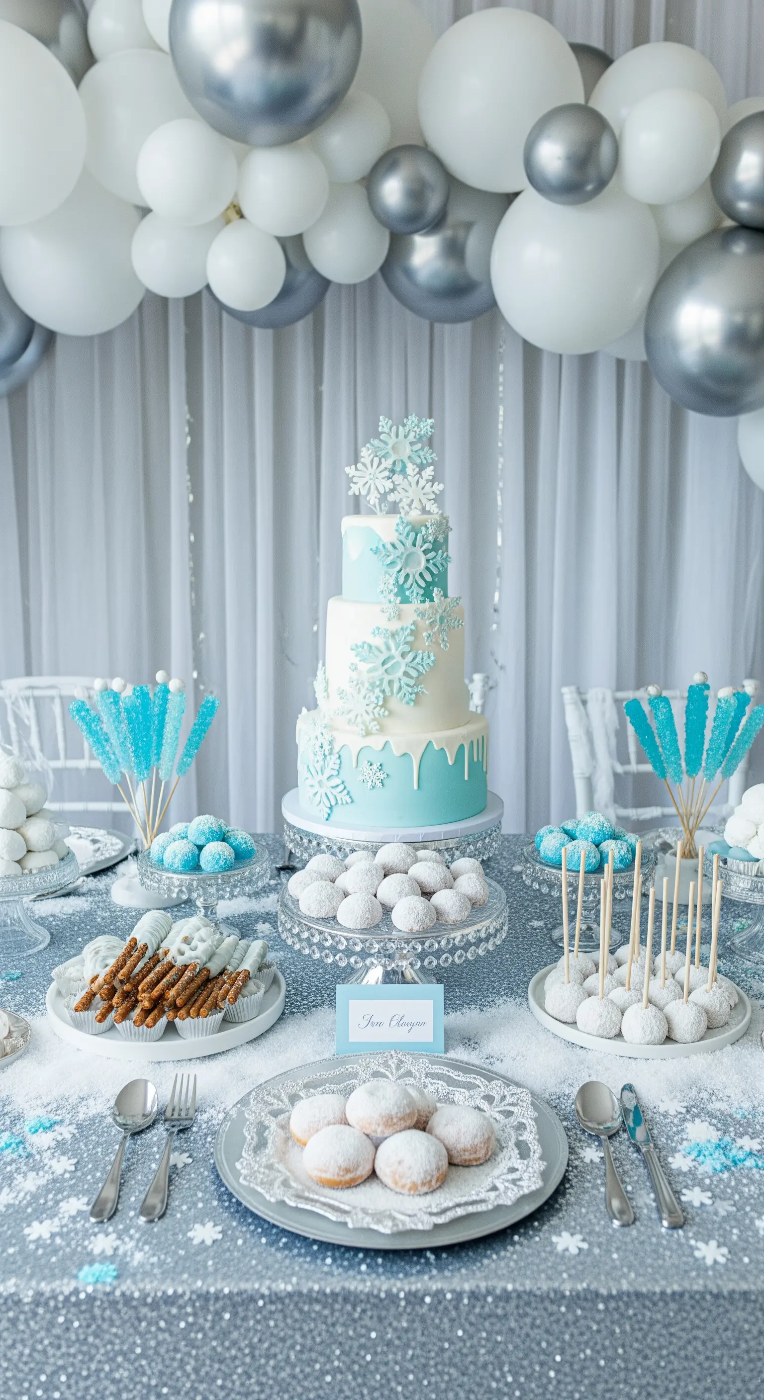 Festa invernale con torta a tema neve, dolci bianchi e palloncini argento e azzurri.