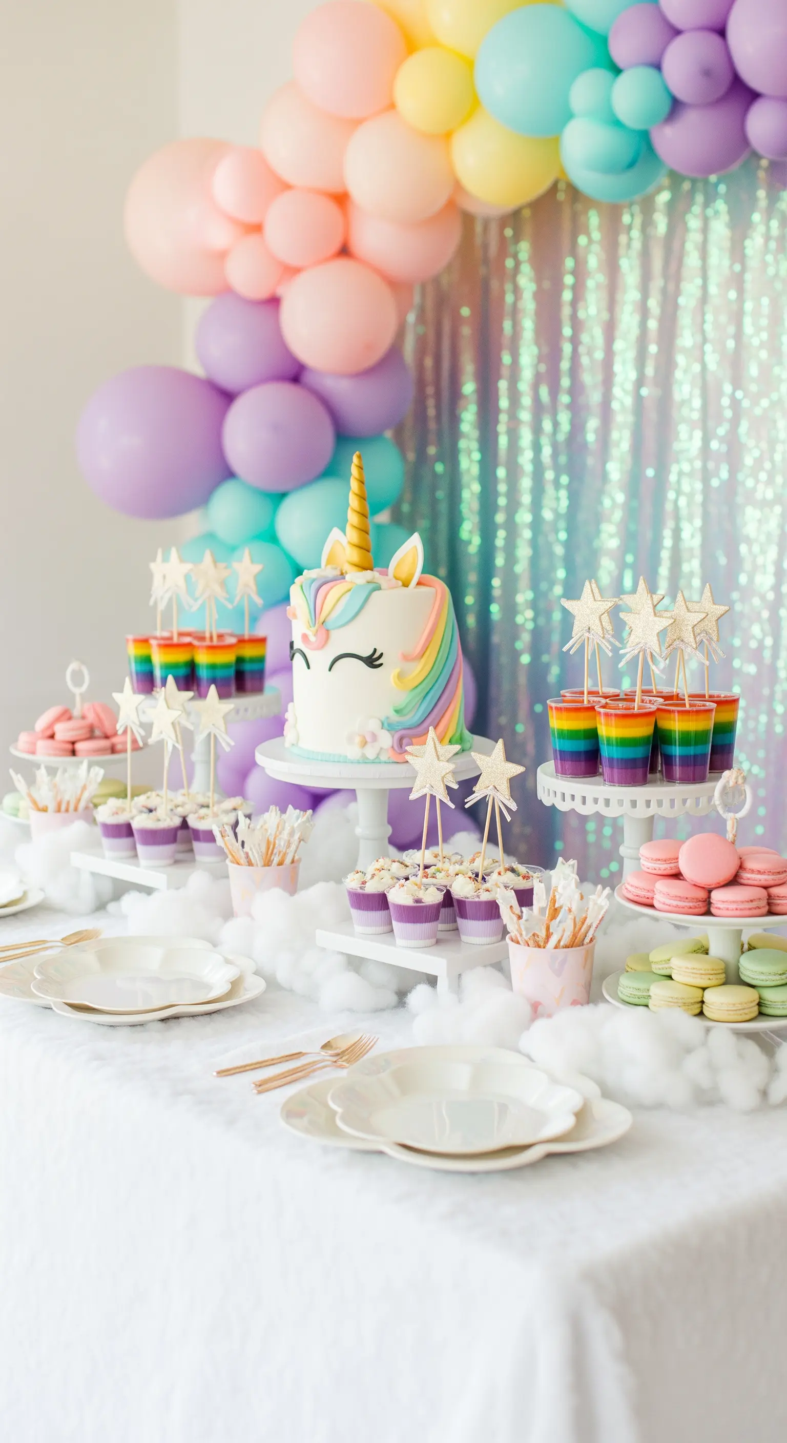 Sweet table a tema unicorno con torta, palloncini pastello e dessert arcobaleno.