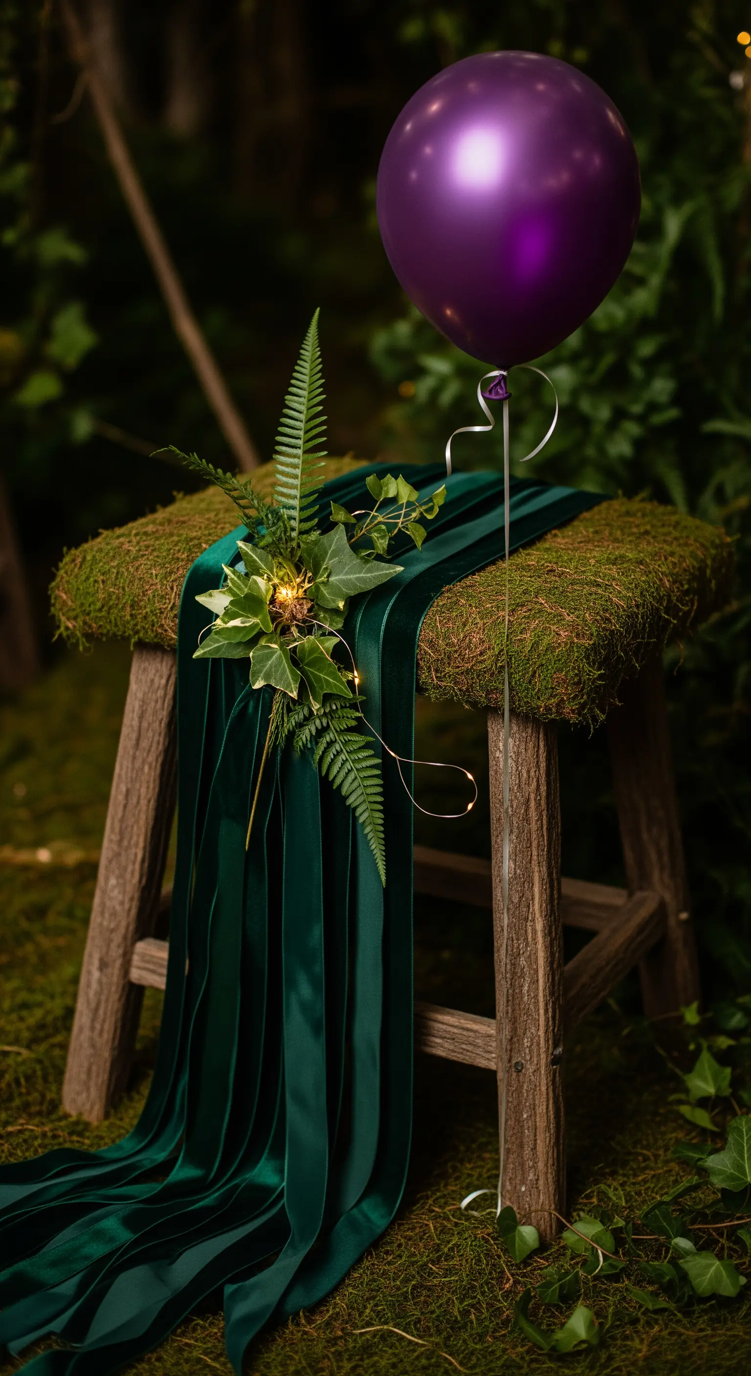Sgabello rustico con seduta in muschio, velluto verde, felci e palloncino viola.