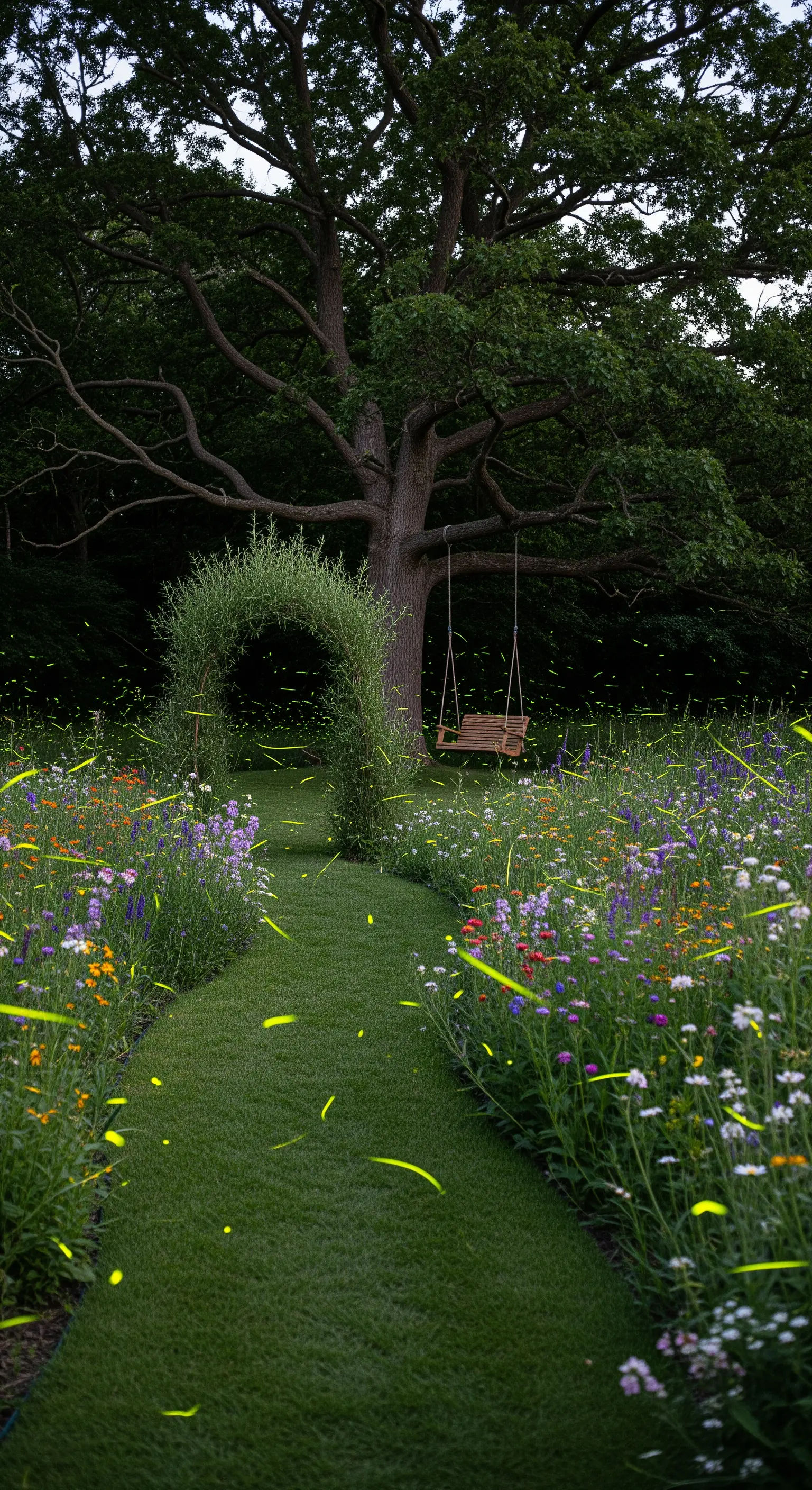 Sentiero d'erba in un prato fiorito con arco di salice e altalena, illuminato naturalmente da lucciole