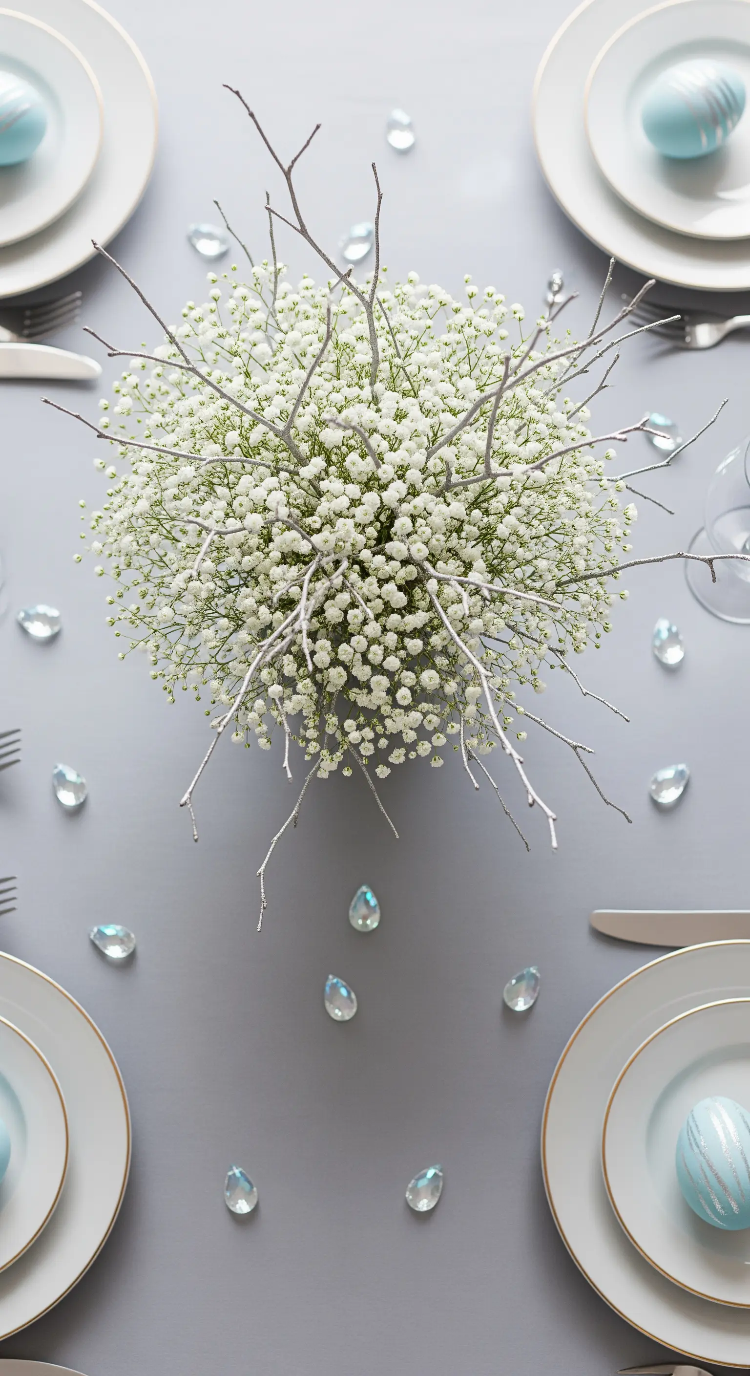 Centrotavola pasquale bianco con gypsophila e rami argentati, su una tavola grigia.