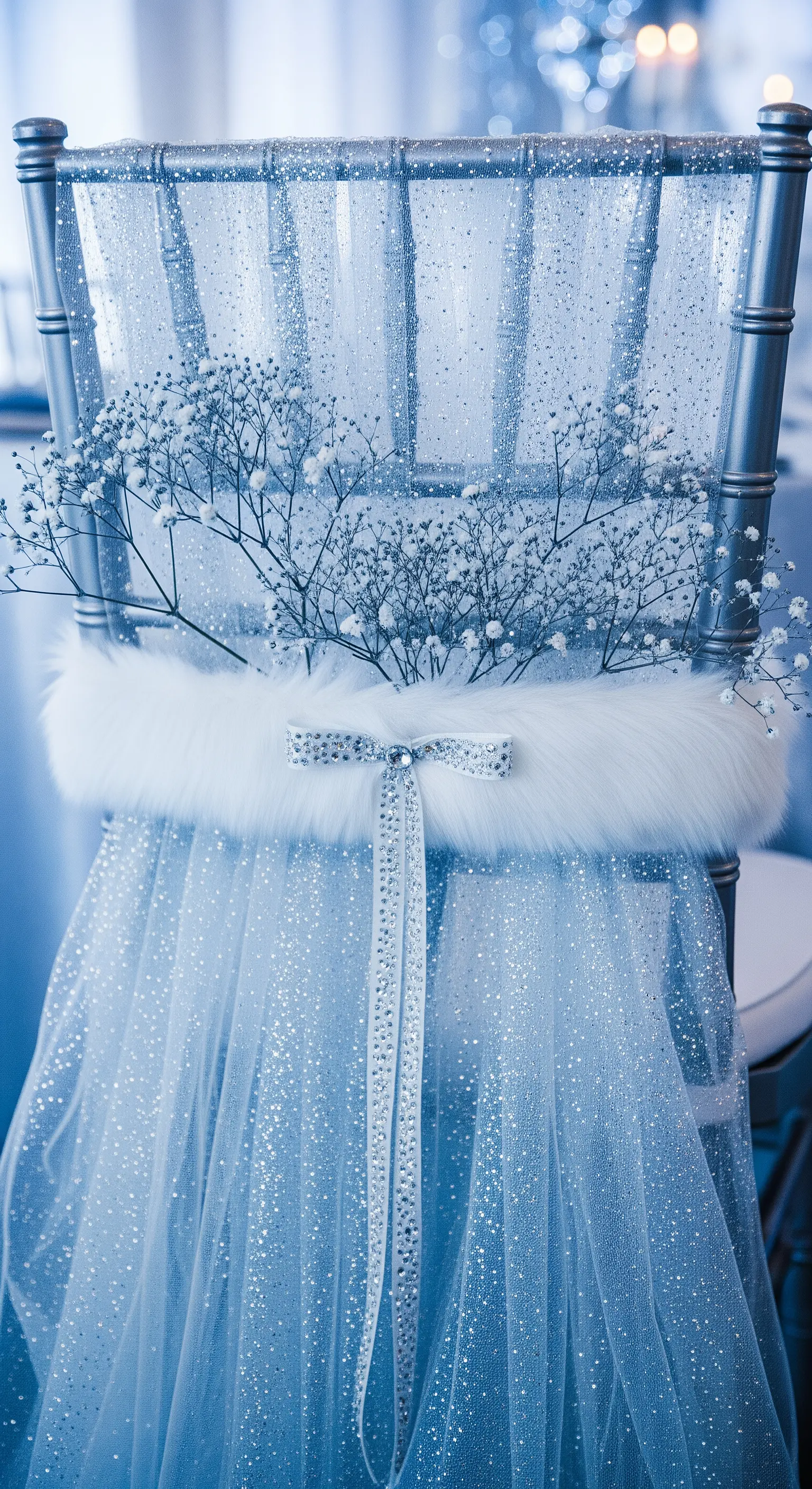 Sedia argentata con tulle glitterato, una fascia di pelliccia bianca e rametti di gypsophila.