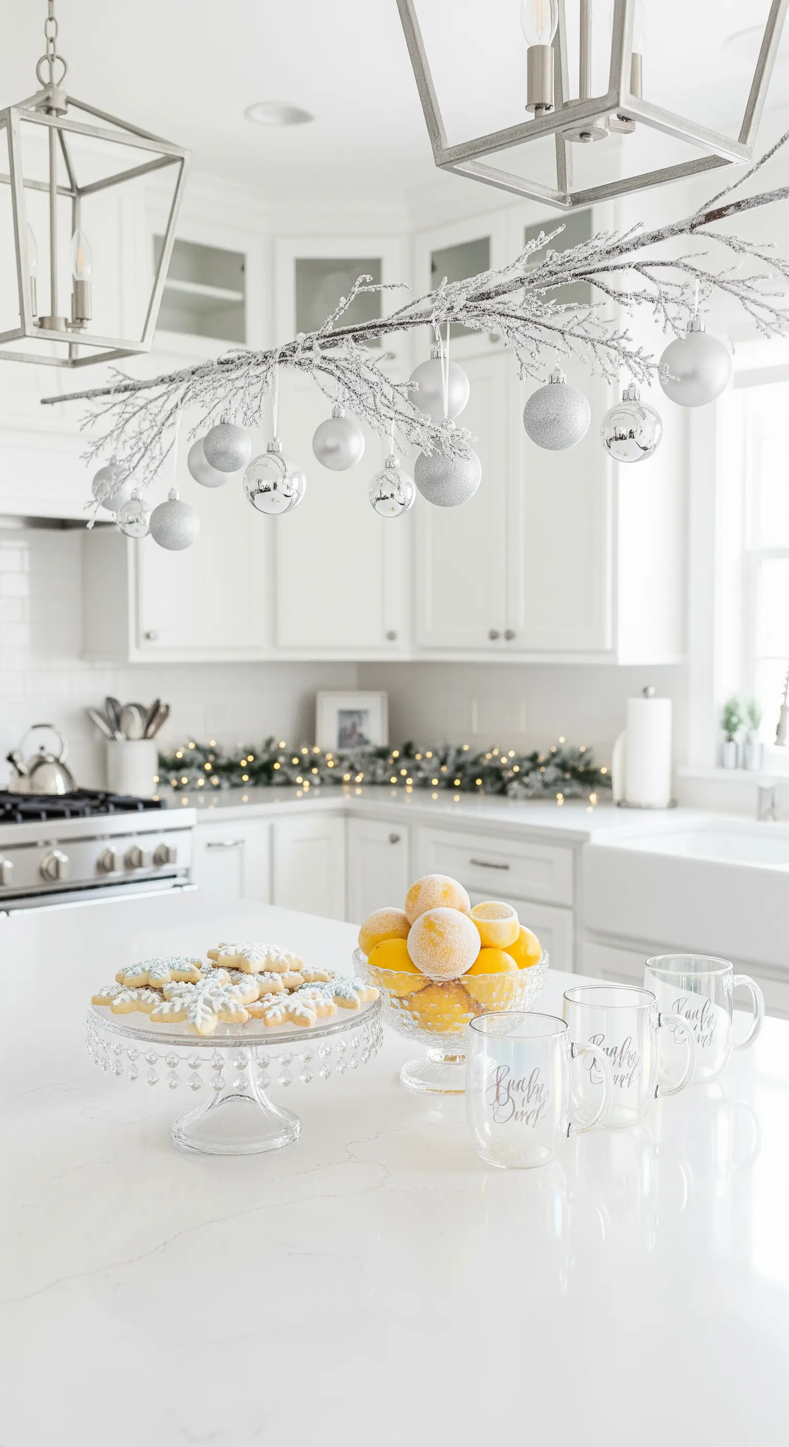 Cucina total white con un ramo sospeso decorato con palline d'argento, alzata con biscotti a fiocco di neve.