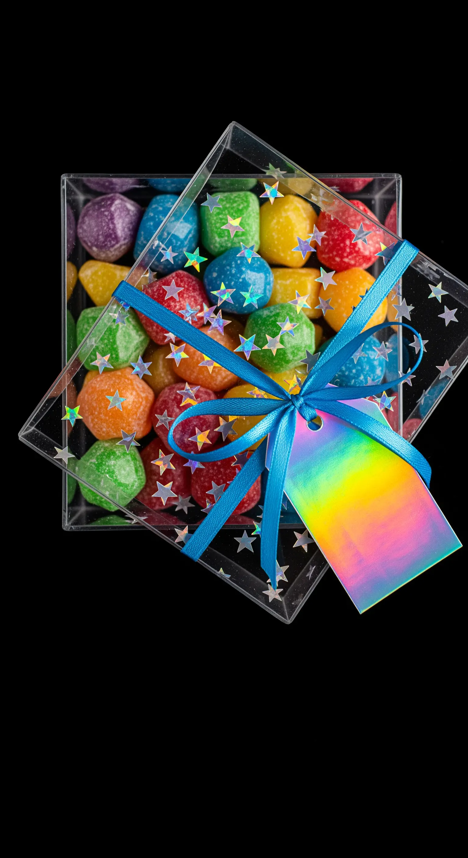 Caramelle gommose colorate in una scatola trasparente con stelle e un tag olografico.