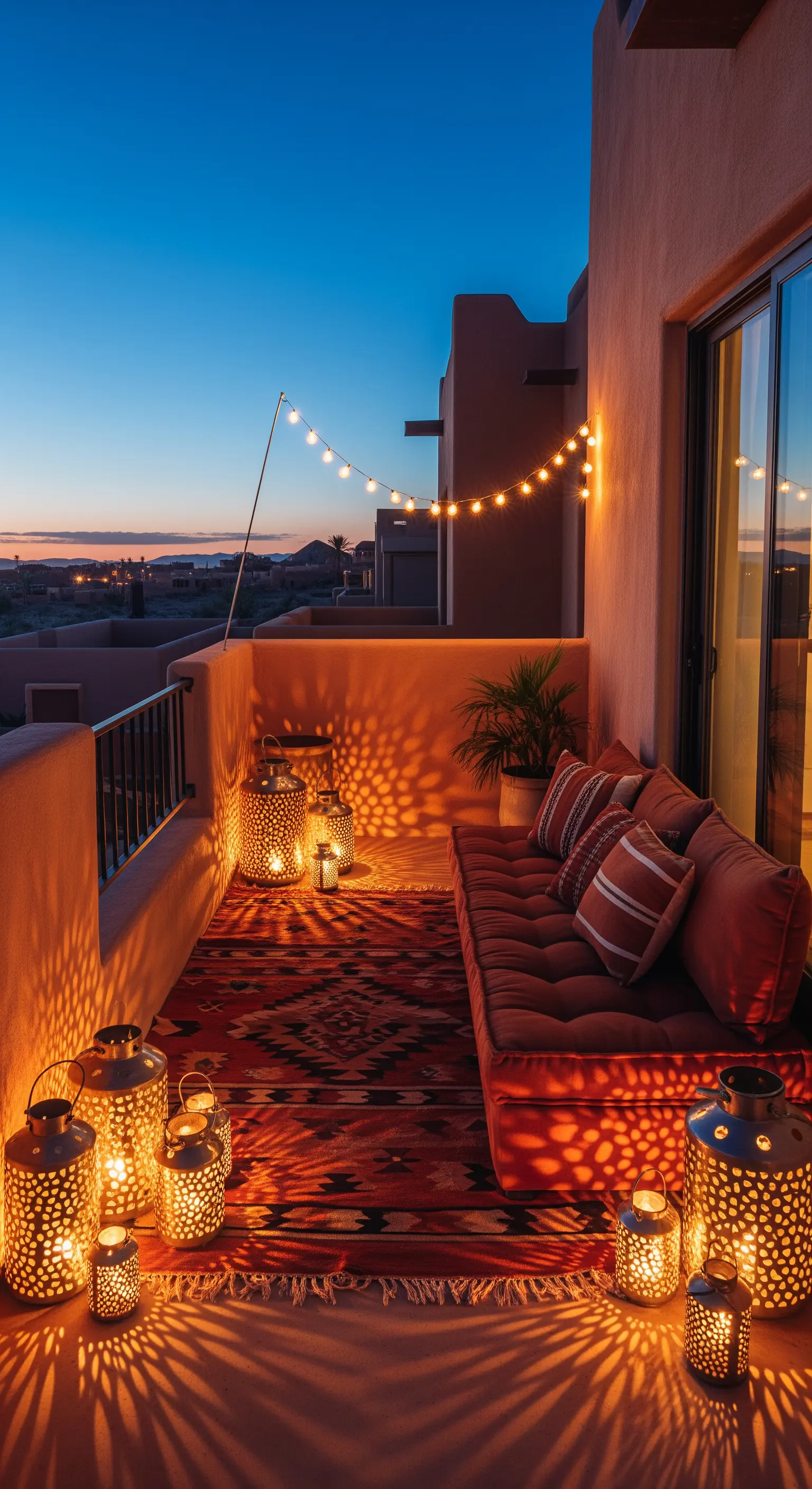 Balcone in stile marocchino con lanterne traforate che proiettano ombre decorative.