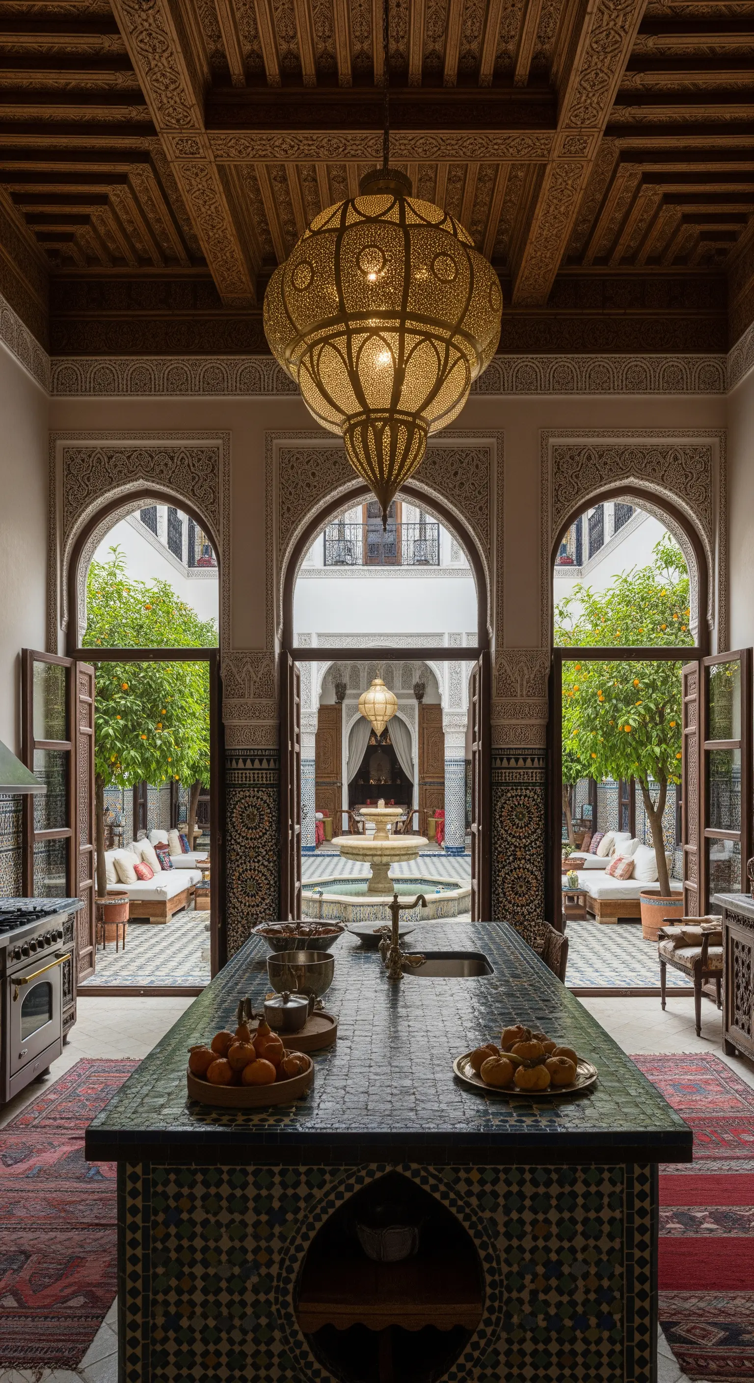 Cucina in stile marocchino con isola piastrellata e una grande lanterna in metallo traforato