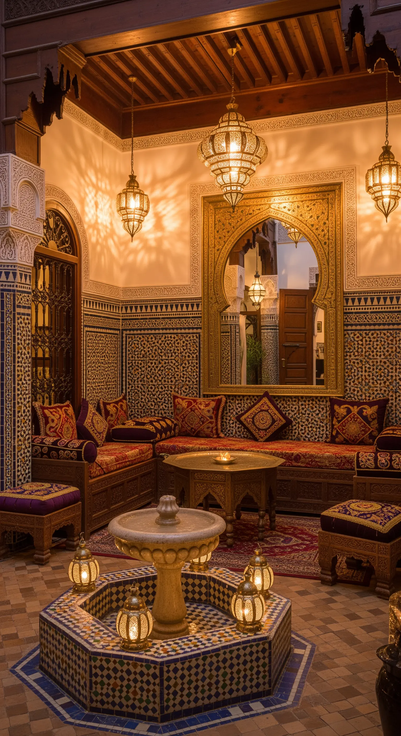 Patio marocchino con mosaici, lanterne appese, specchio intagliato e sedute basse.
