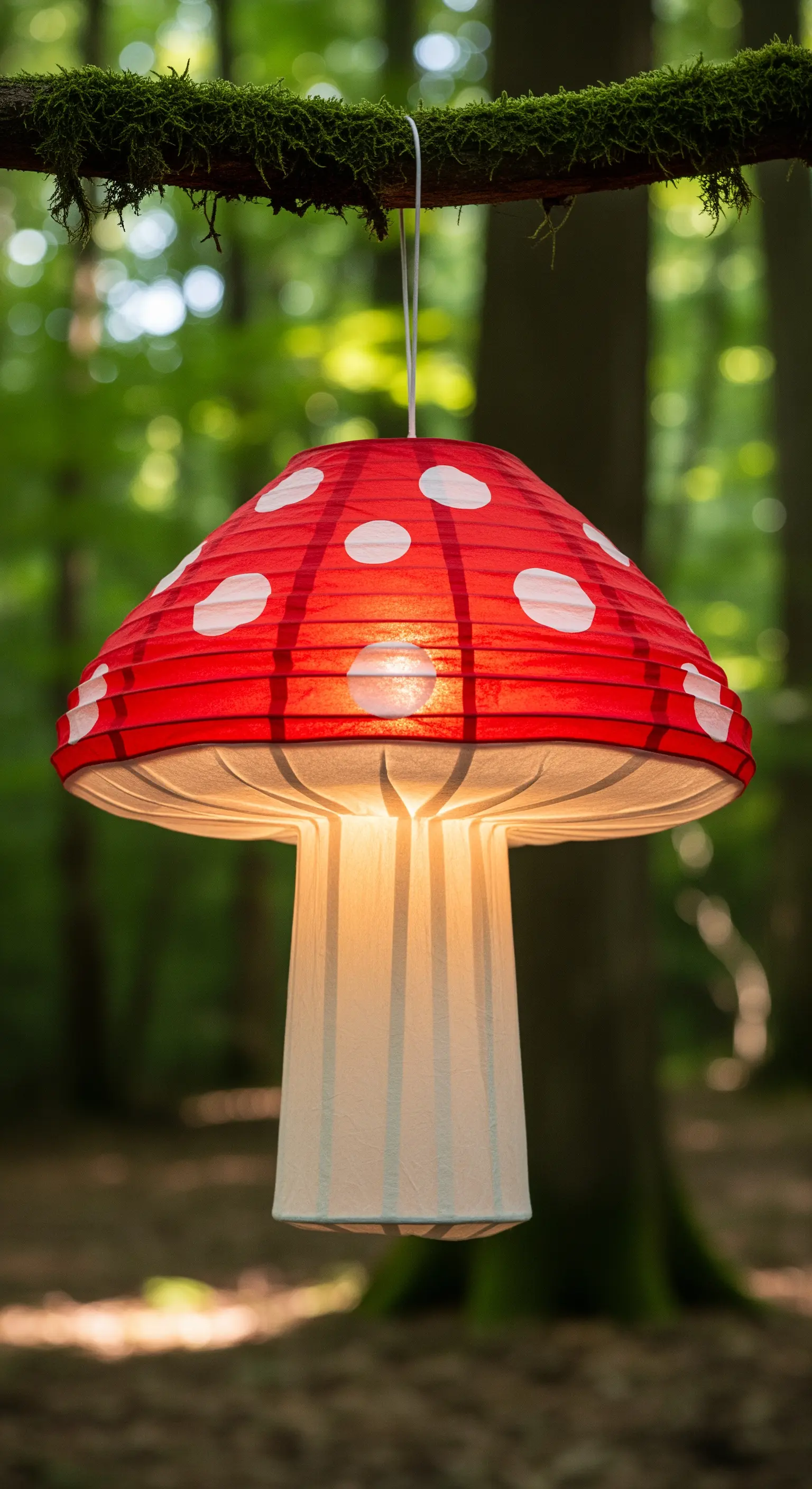 Lanterna di carta a forma di fungo rosso con pois bianchi, illuminata e appesa a un ramo.