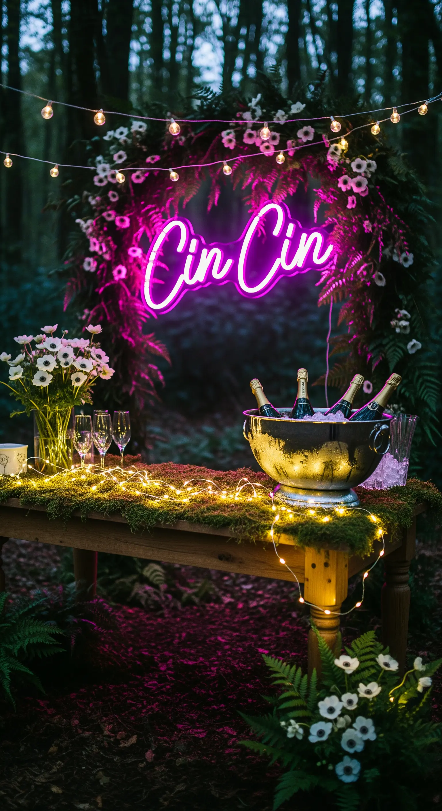 Angolo bar rustico nel bosco con insegna 