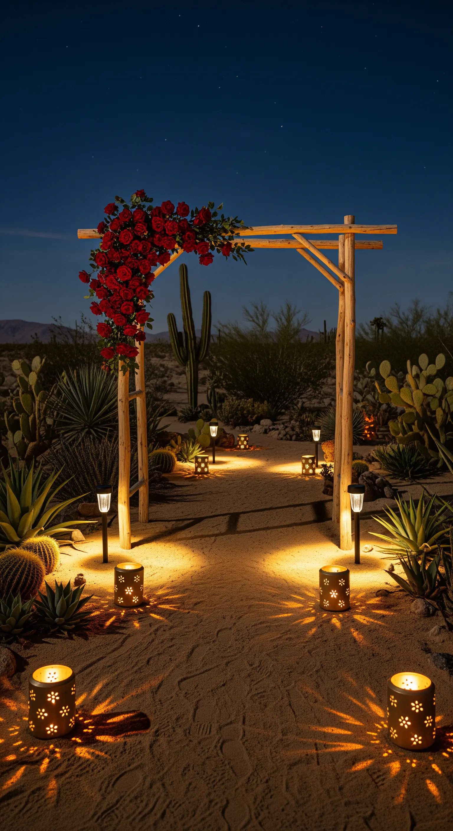 Arco in legno con rose rosse in un paesaggio desertico, illuminato da lanterne traforate.
