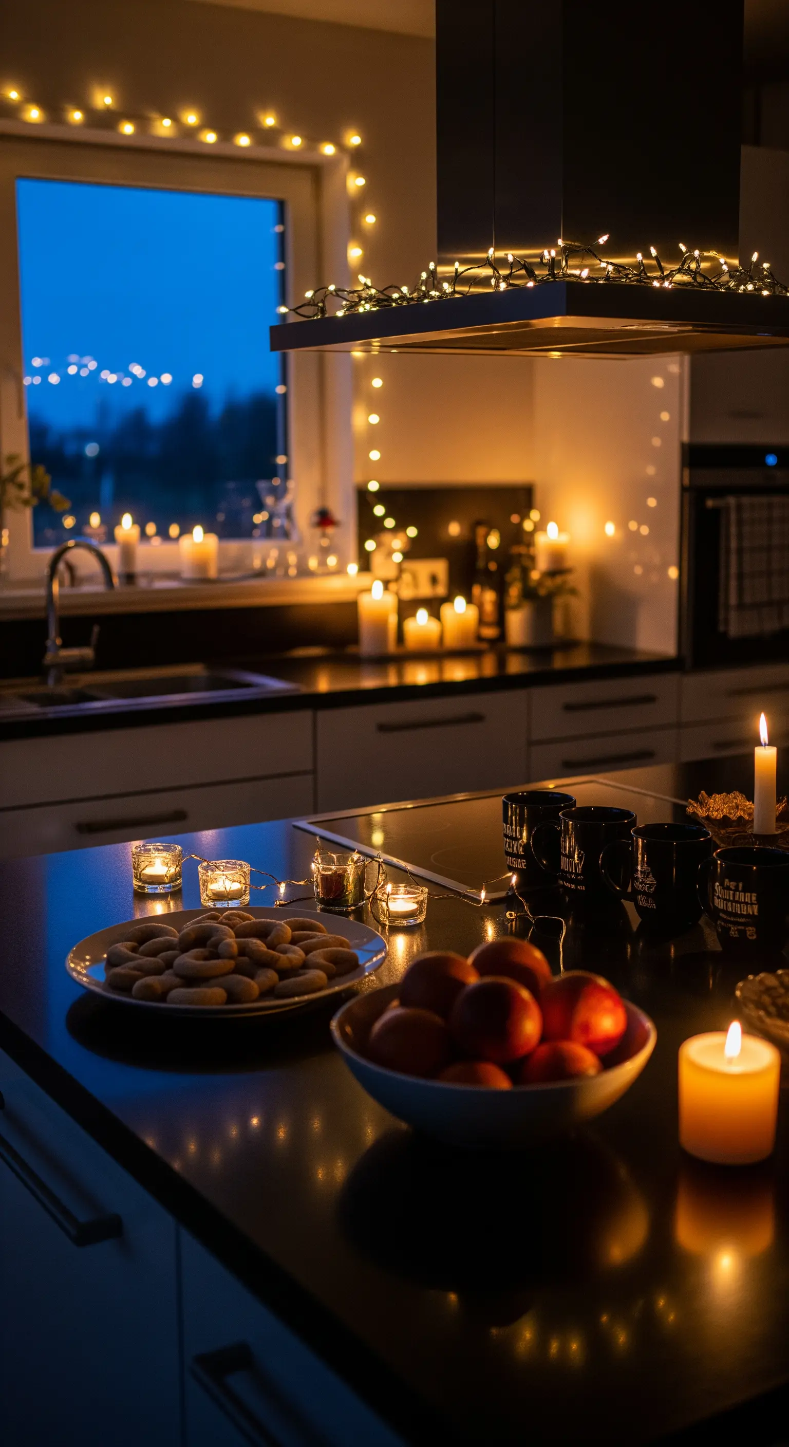 Cucina moderna di notte, illuminata solo da candele e da una ghirlanda di luci calde attorno alla finestra.