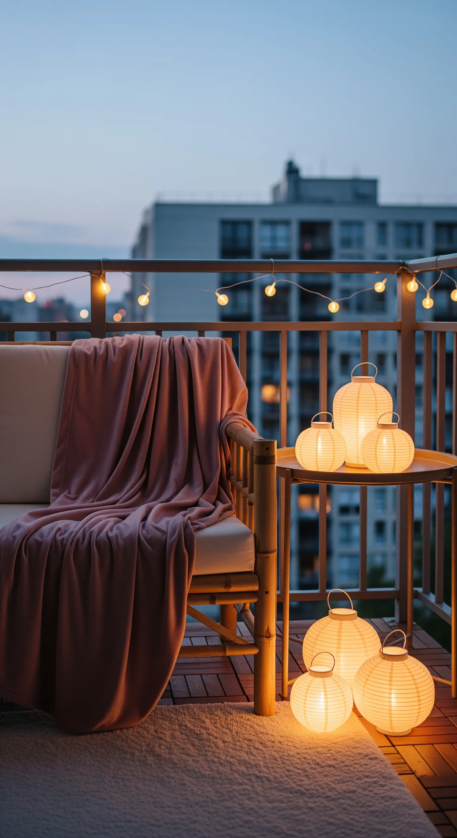 Balcone al crepuscolo con divano in bambù, plaid rosa e lanterne di carta luminose.