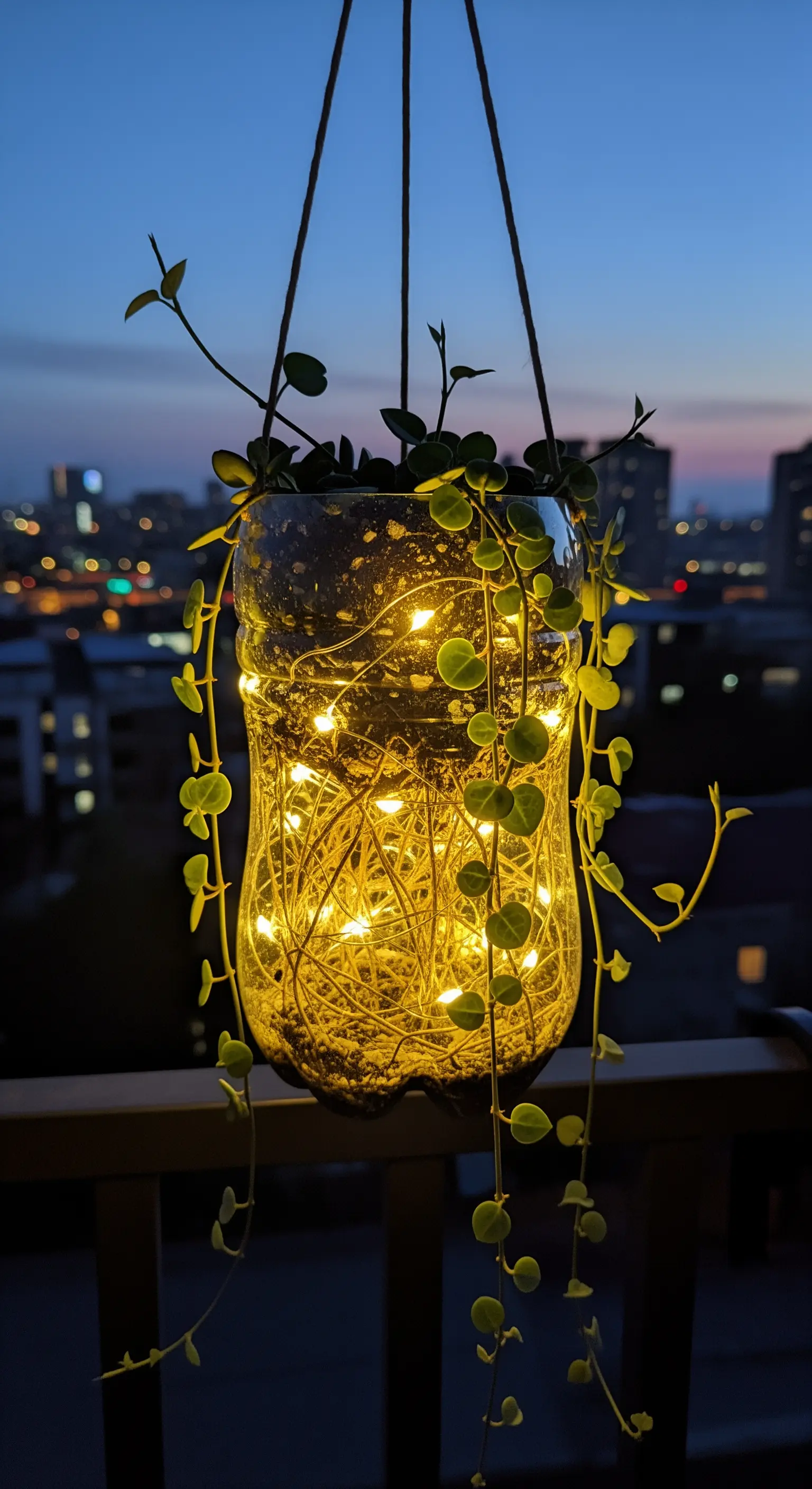 Fioriera sospesa trasparente con una pianta e una stringa di luci LED calde all'interno, di notte.