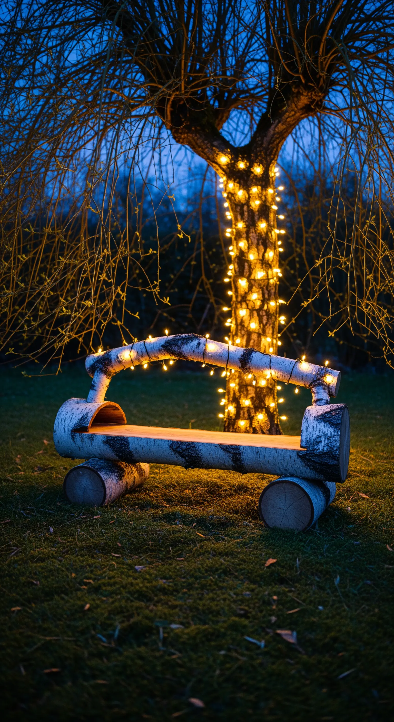 Panca rustica in legno di betulla illuminata da una catena di luci calde, sotto un albero di notte.