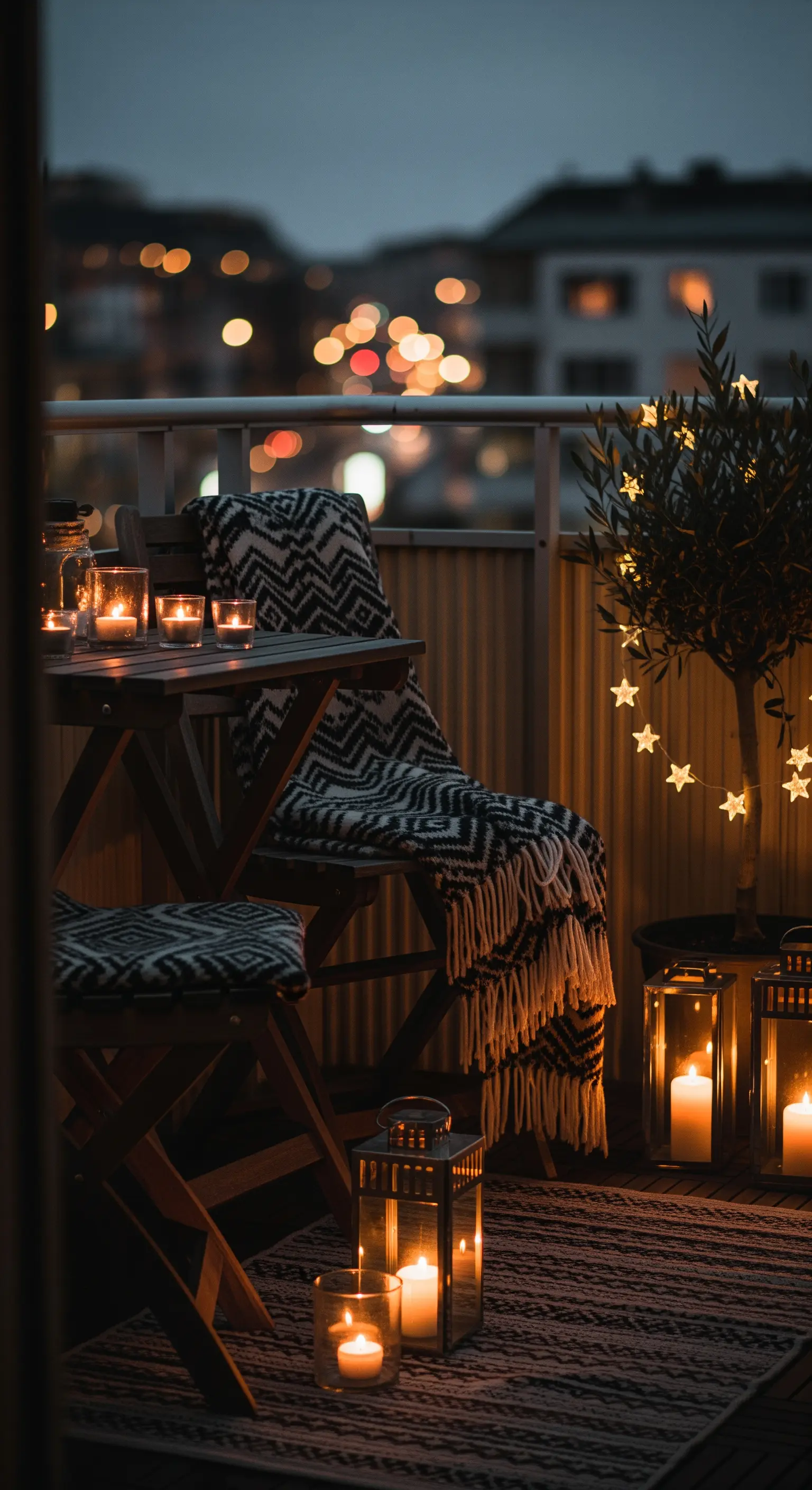 Balcone illuminato da candele in barattoli, lanterne e lucine a forma di stella.