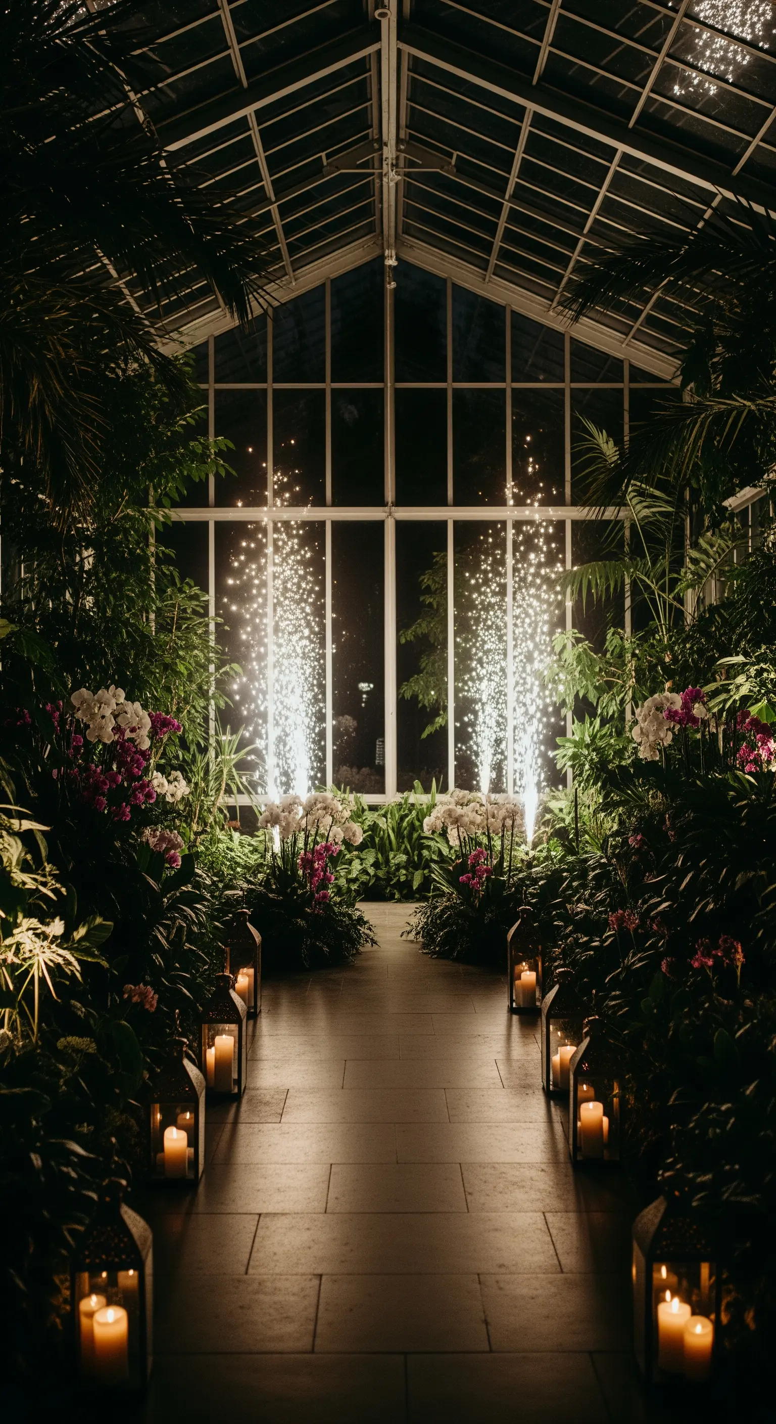 Navata all'interno di una serra illuminata da lanterne, con fuochi d'artificio visibili all'esterno