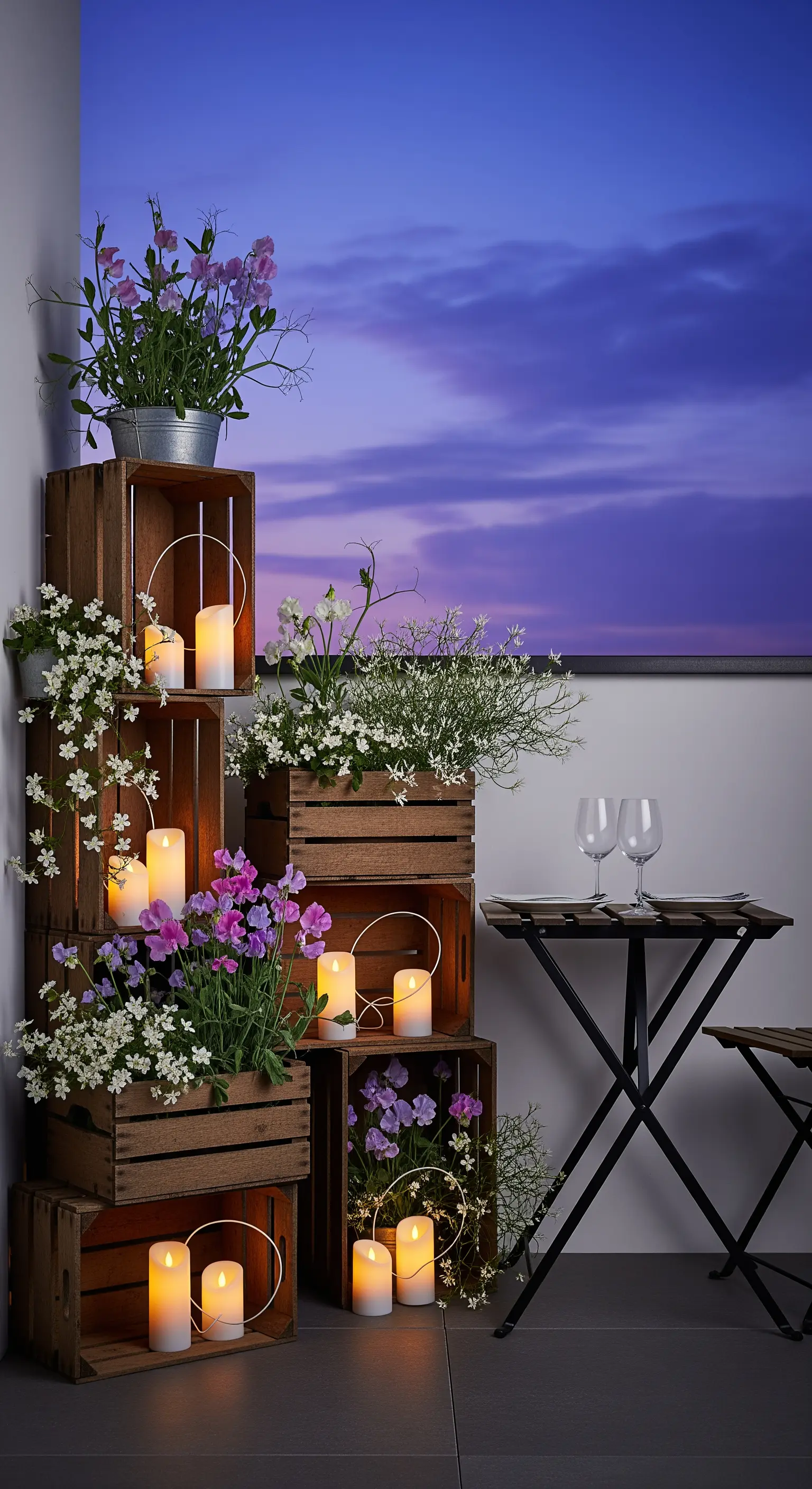 Composizione di cassette di legno con fiori e candele a LED che illuminano un balcone al tramonto.
