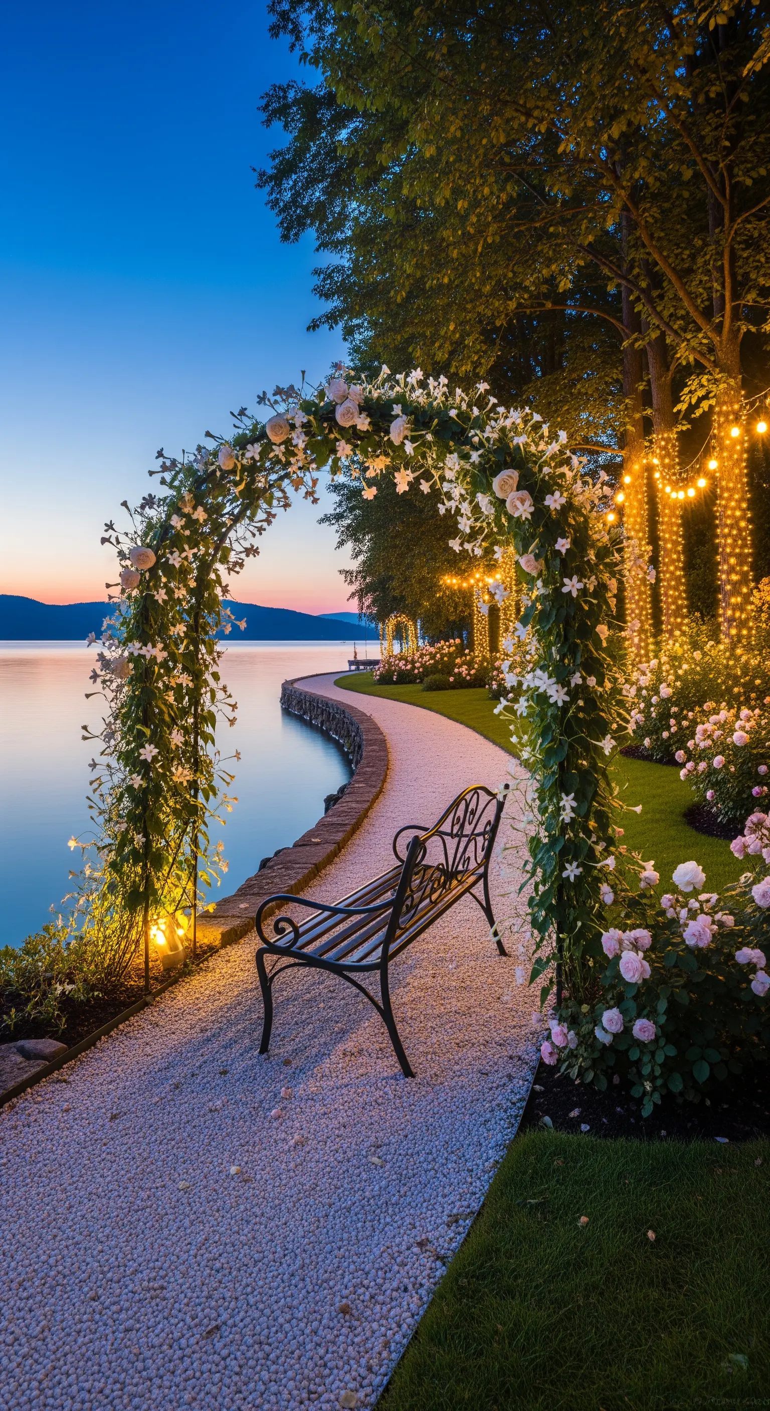 Sentiero illuminato da lucine lungo un lago al crepuscolo, con arco fiorito e panchina.