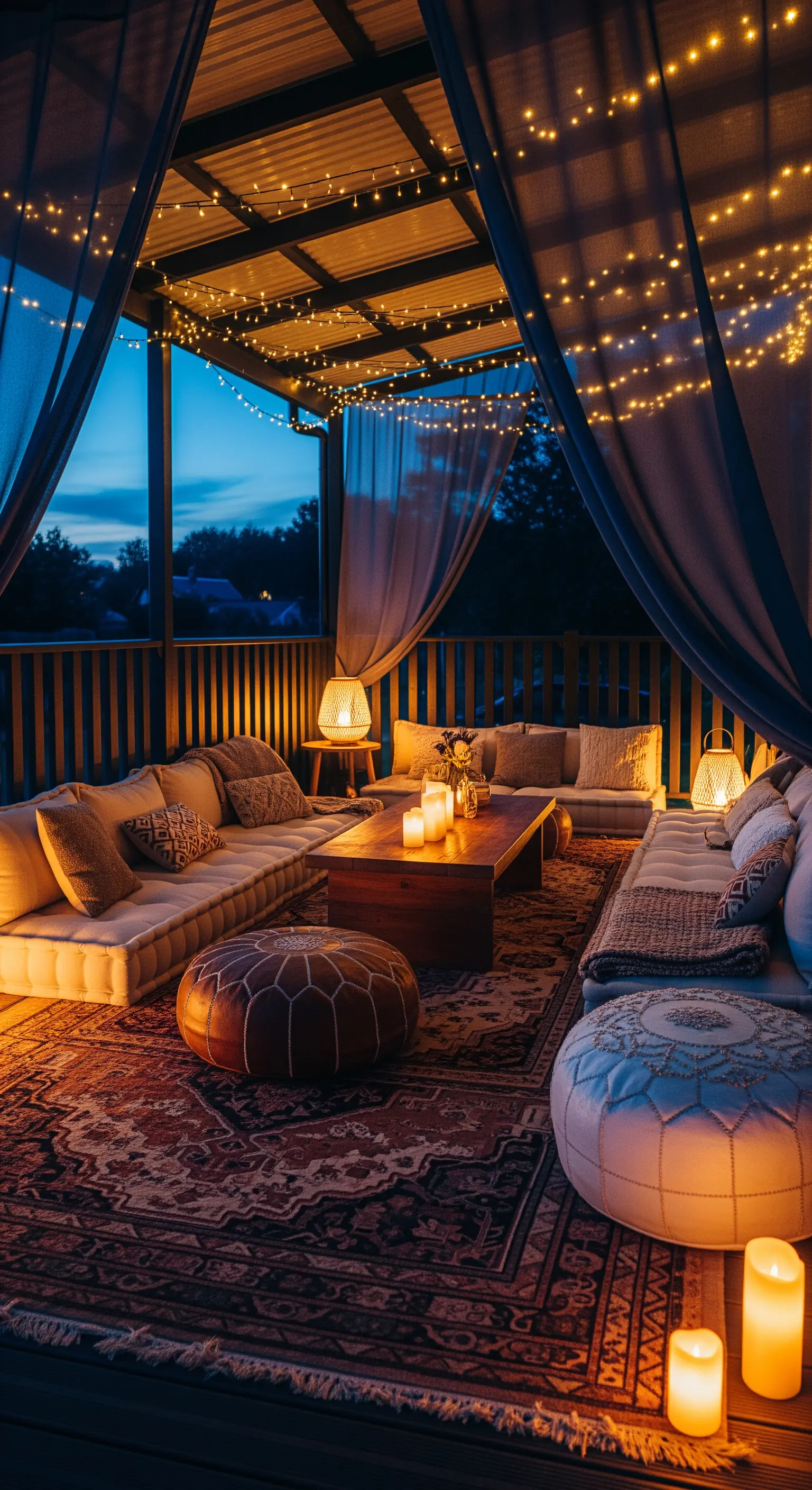 Veranda illuminata da lucine e candele, con divani bassi, cuscini e un grande tappeto persiano.