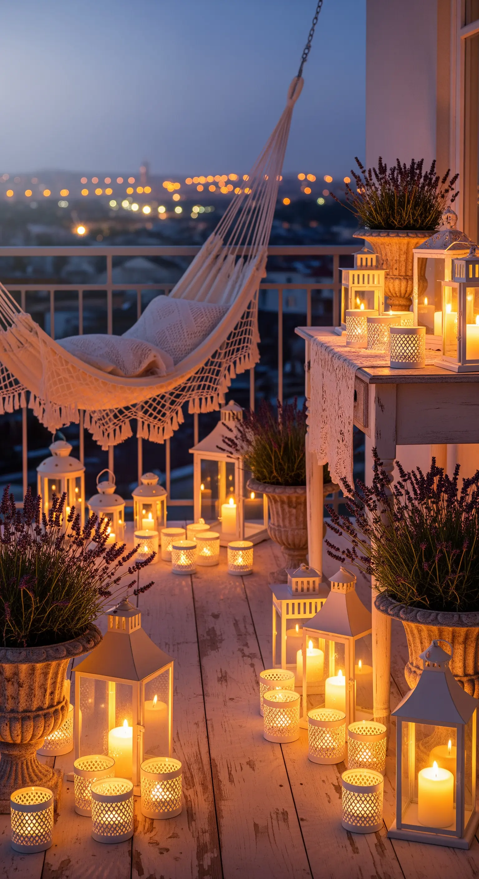 Balcone di notte illuminato da decine di lanterne e candele, con un'amaca sullo sfondo