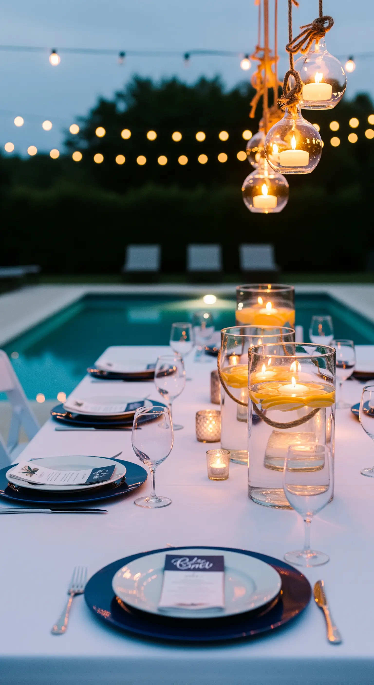 Tavola serale a bordo piscina con candele galleggianti e lanterne sospese.