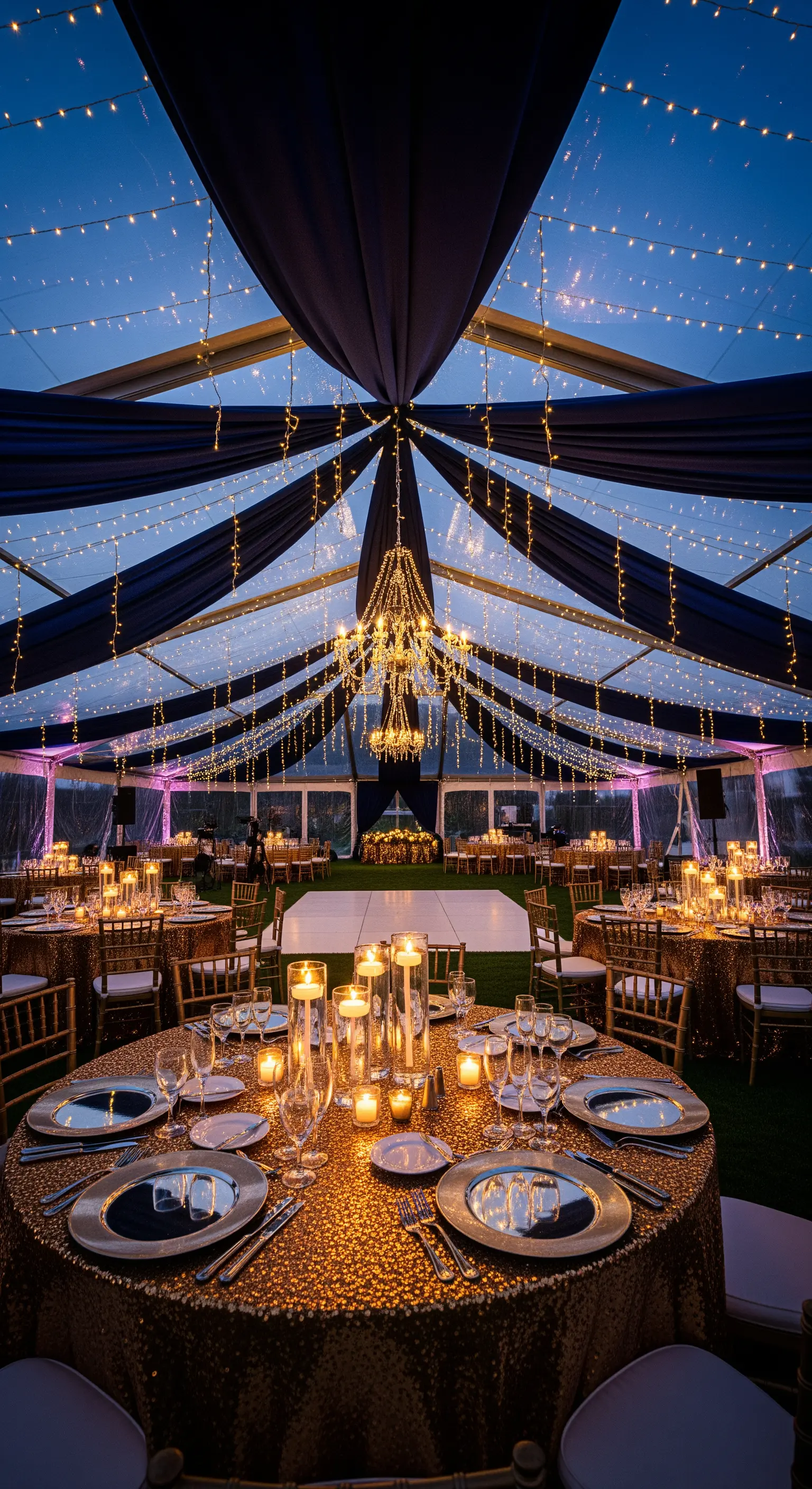 Allestimento in un tendone con drappeggi blu, luci e tavoli con tovaglie di paillettes dorate.