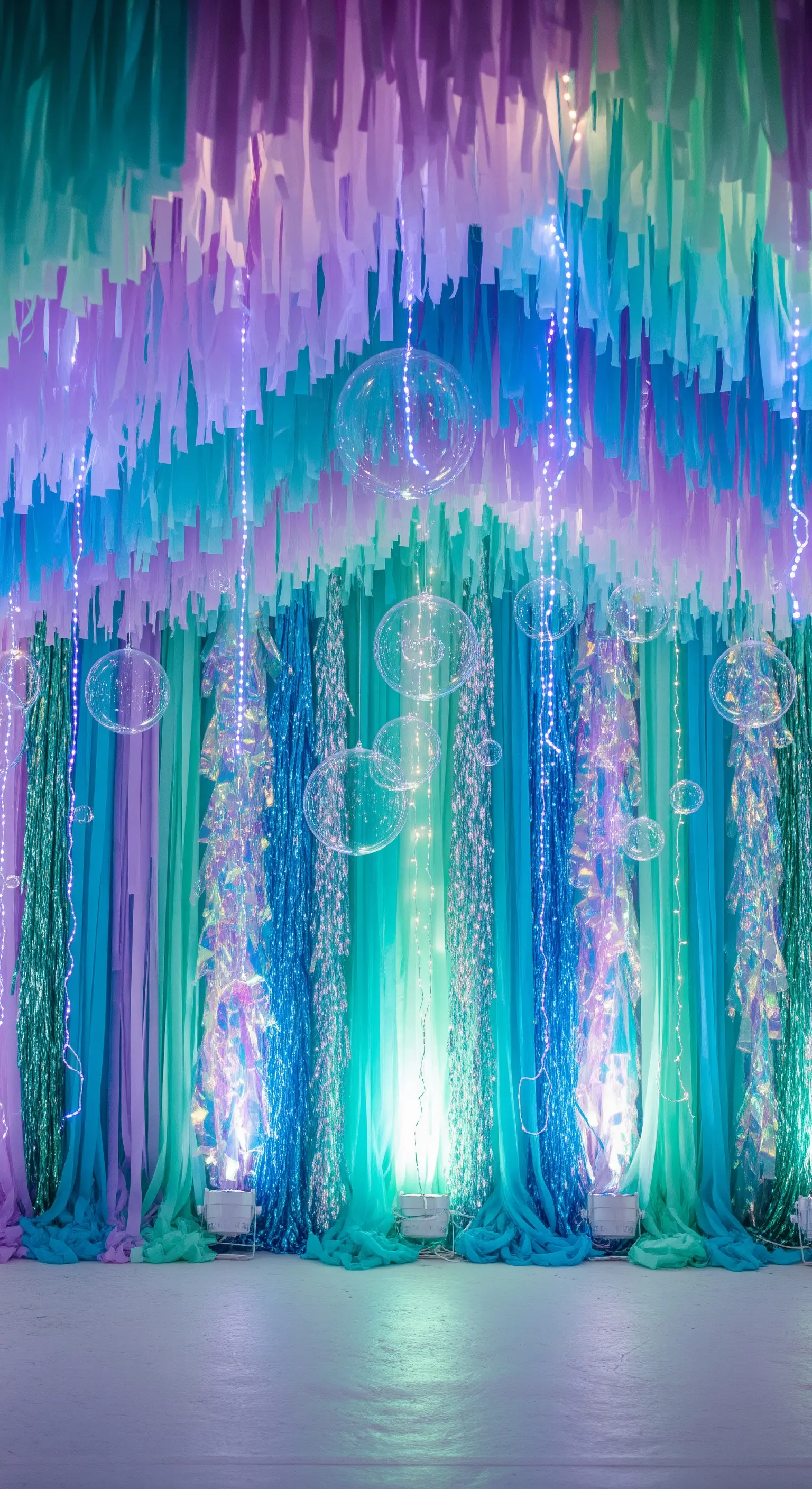 Backdrop a tema sottomarino con strisce di carta, cellophane iridescente e bolle trasparenti.