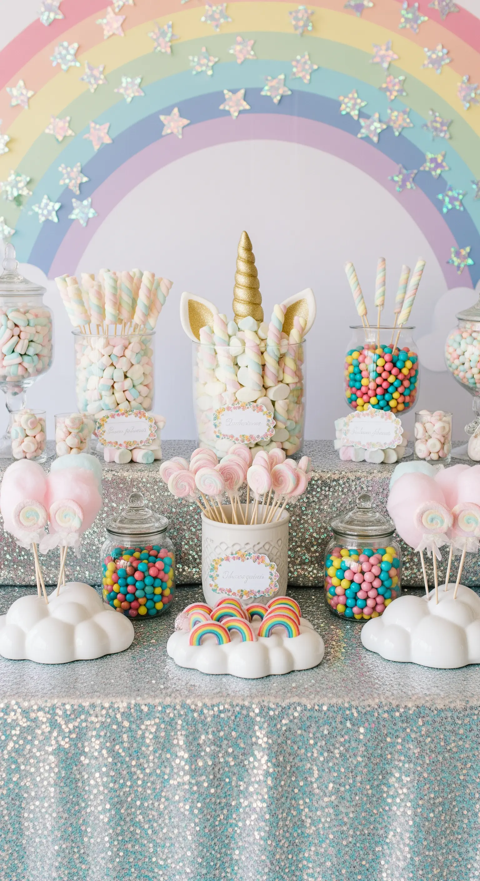 Candy bar a tema unicorno con tovaglia di paillettes, sfondo arcobaleno e dolci pastello