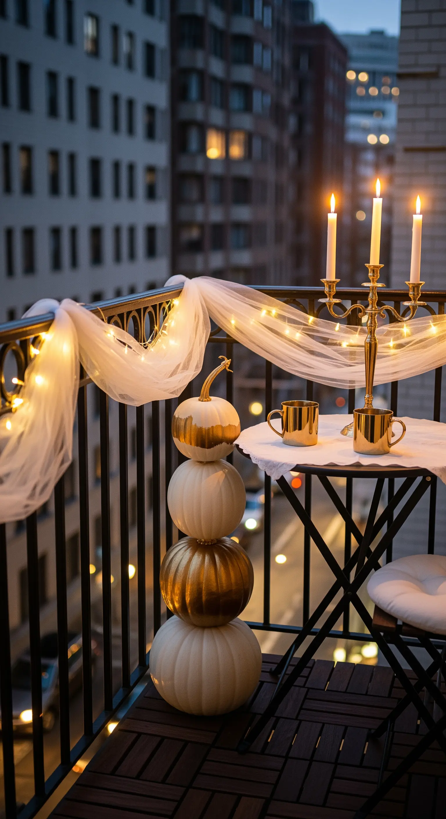 Balcone decorato per Halloween con luci, candelabro e zucche impilate