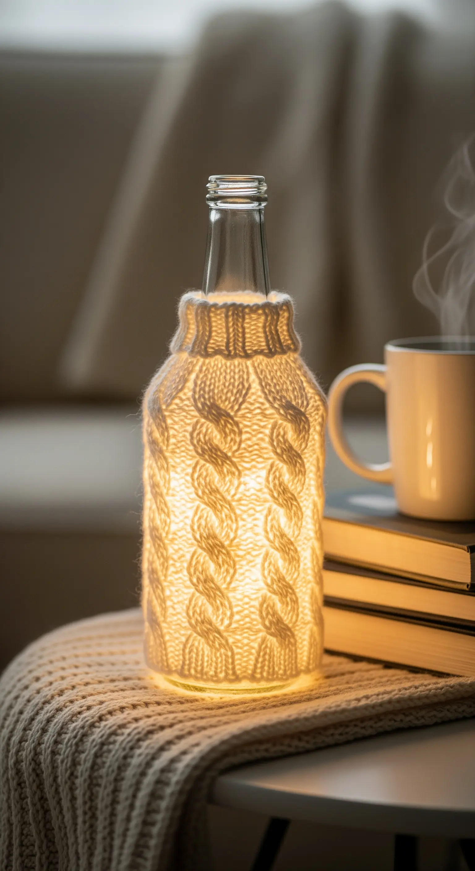 Bottiglia di vetro trasparente rivestita con un maglioncino di lana bianca a trecce.