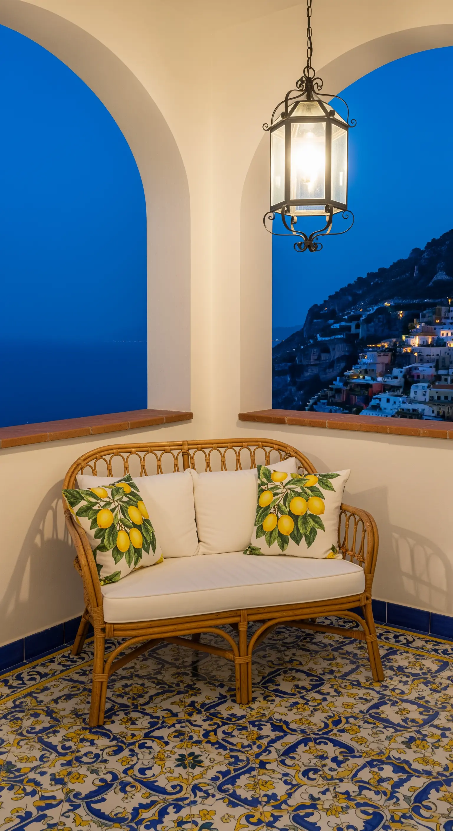 Balcone con pavimento in maioliche decorate, divanetto in rattan e cuscini a tema limoni.