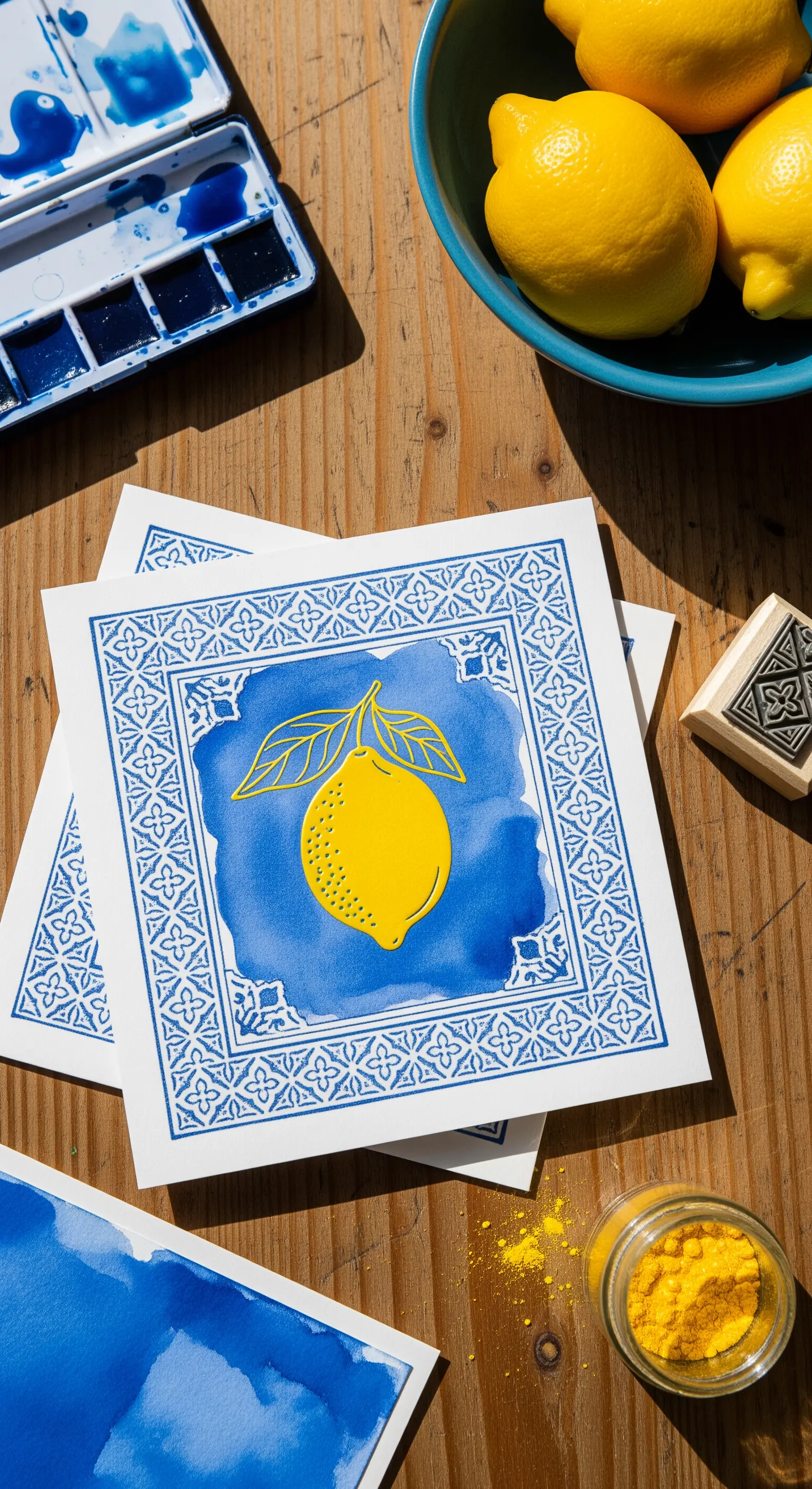 Invito ispirato alle maioliche con cornice blu, sfondo ad acquerello e limone dorato in rilievo.