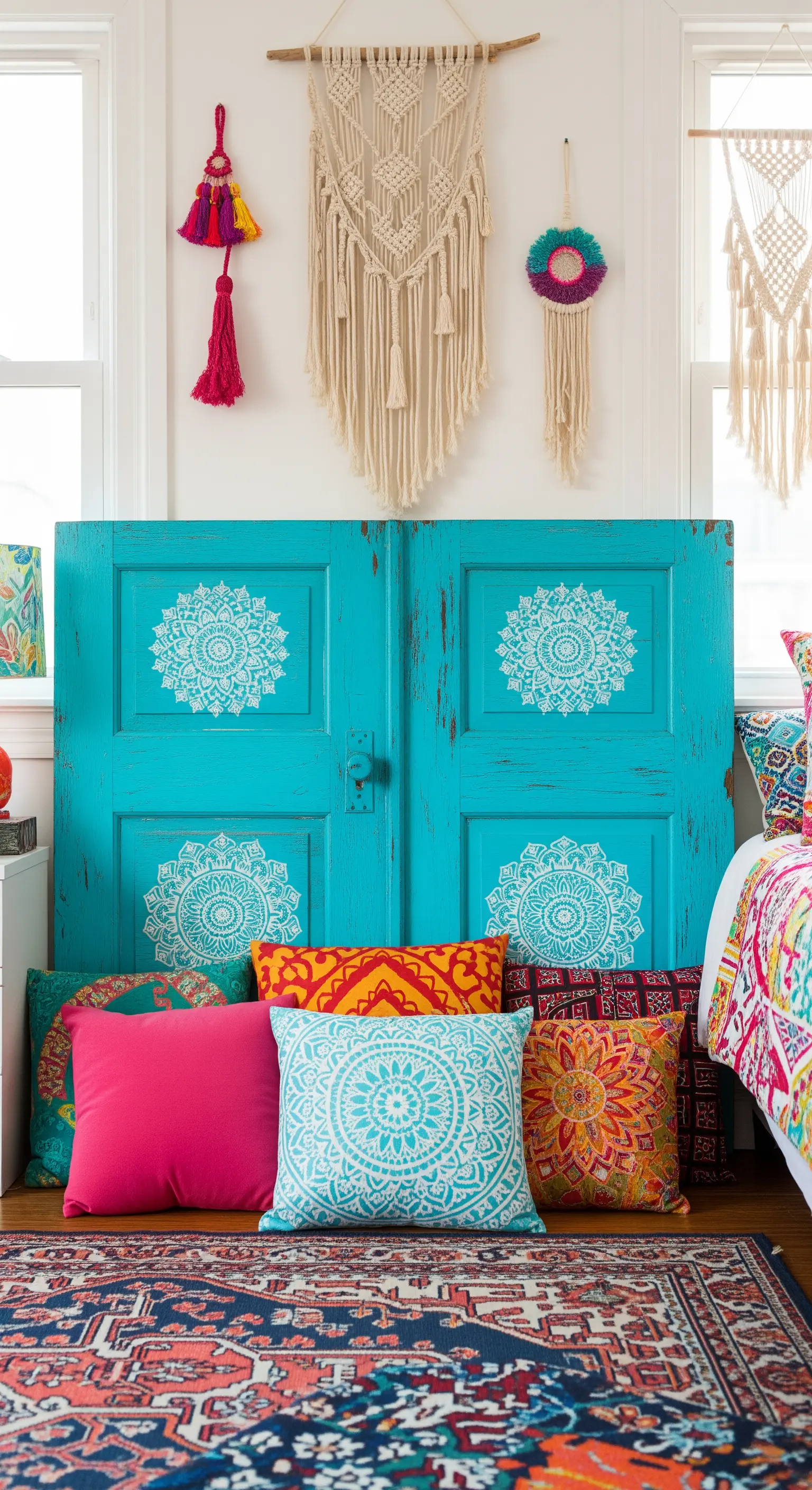 Porta turchese brillante con mandala bianchi applicati con stencil, in stile bohémien.