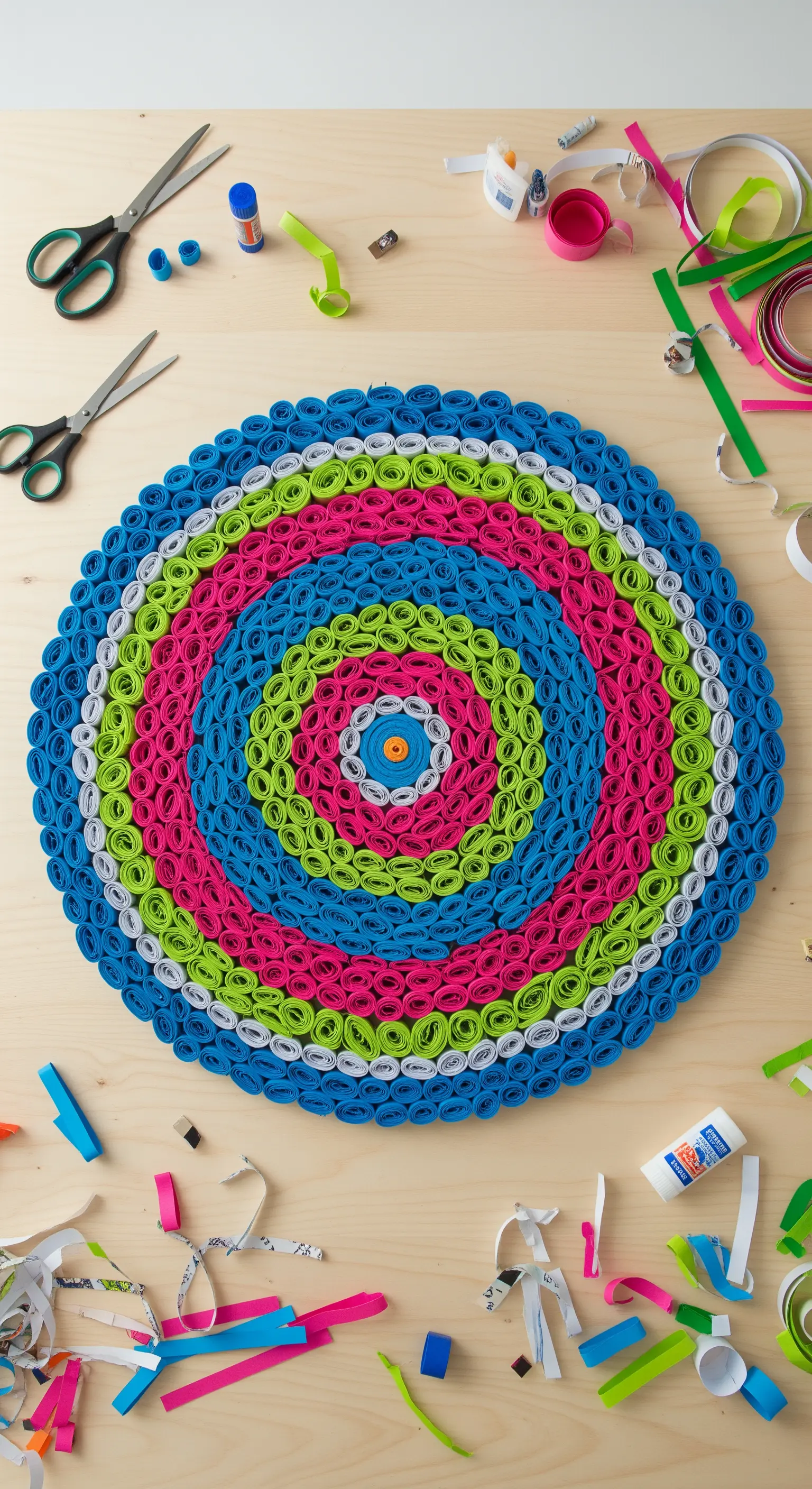 Mandala circolare realizzato con la tecnica del quilling, con spirali di carta fucsia, blu e verdi.