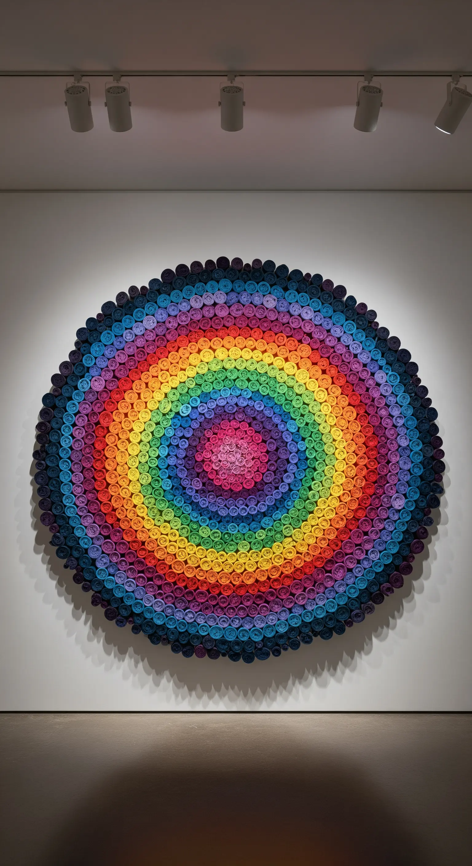 Grande opera d'arte murale circolare creata con rotolini di carta colorata a formare un arcobaleno.