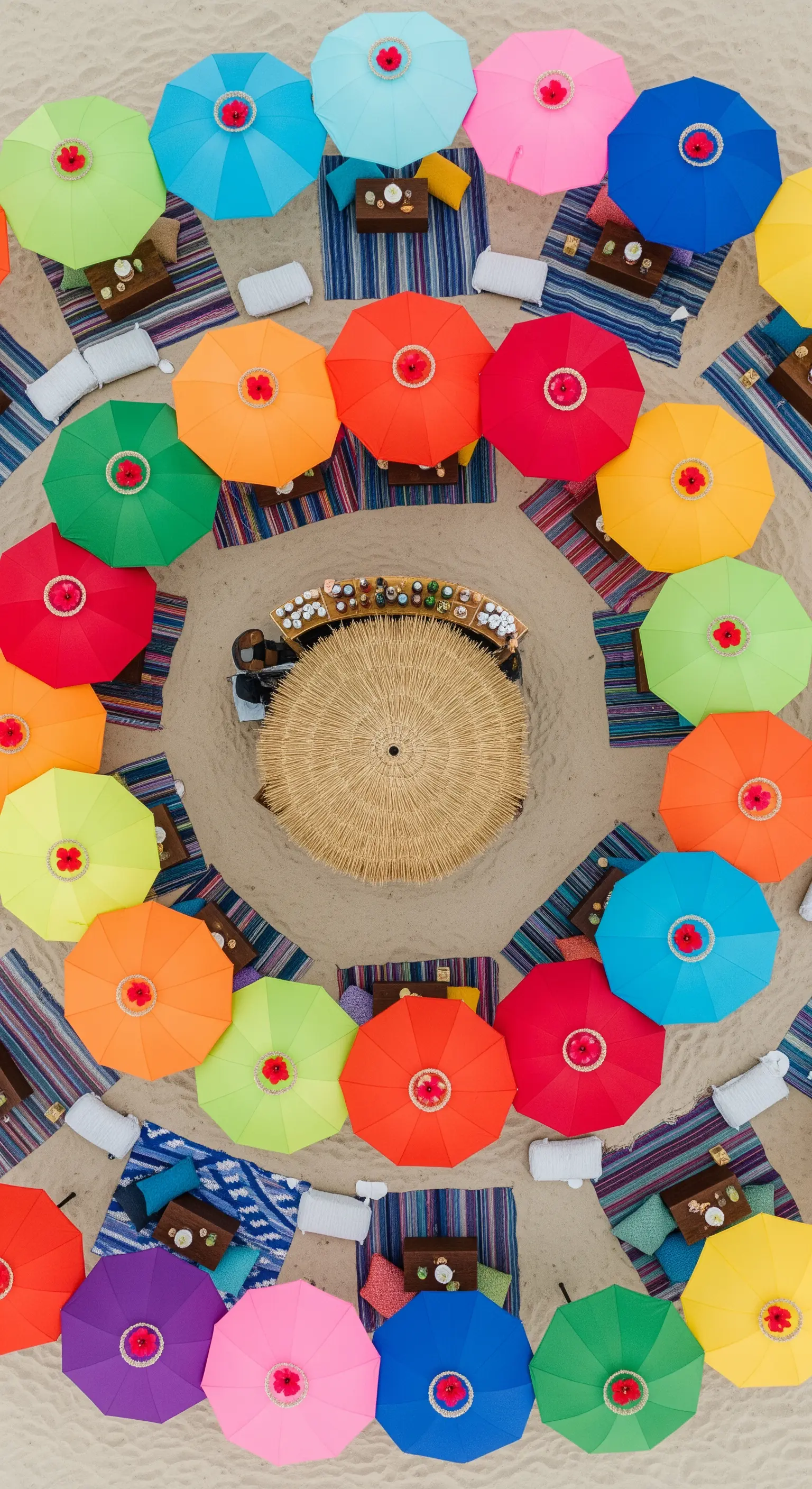 Vista aerea di un party in spiaggia con ombrelloni colorati disposti a cerchio attorno a un bar