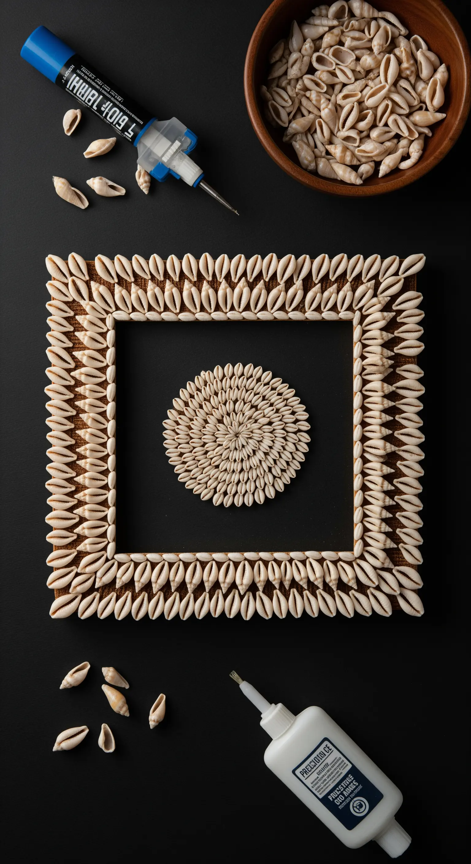 Cornice di legno decorata con file ordinate di conchiglie cipree e un mandala centrale.