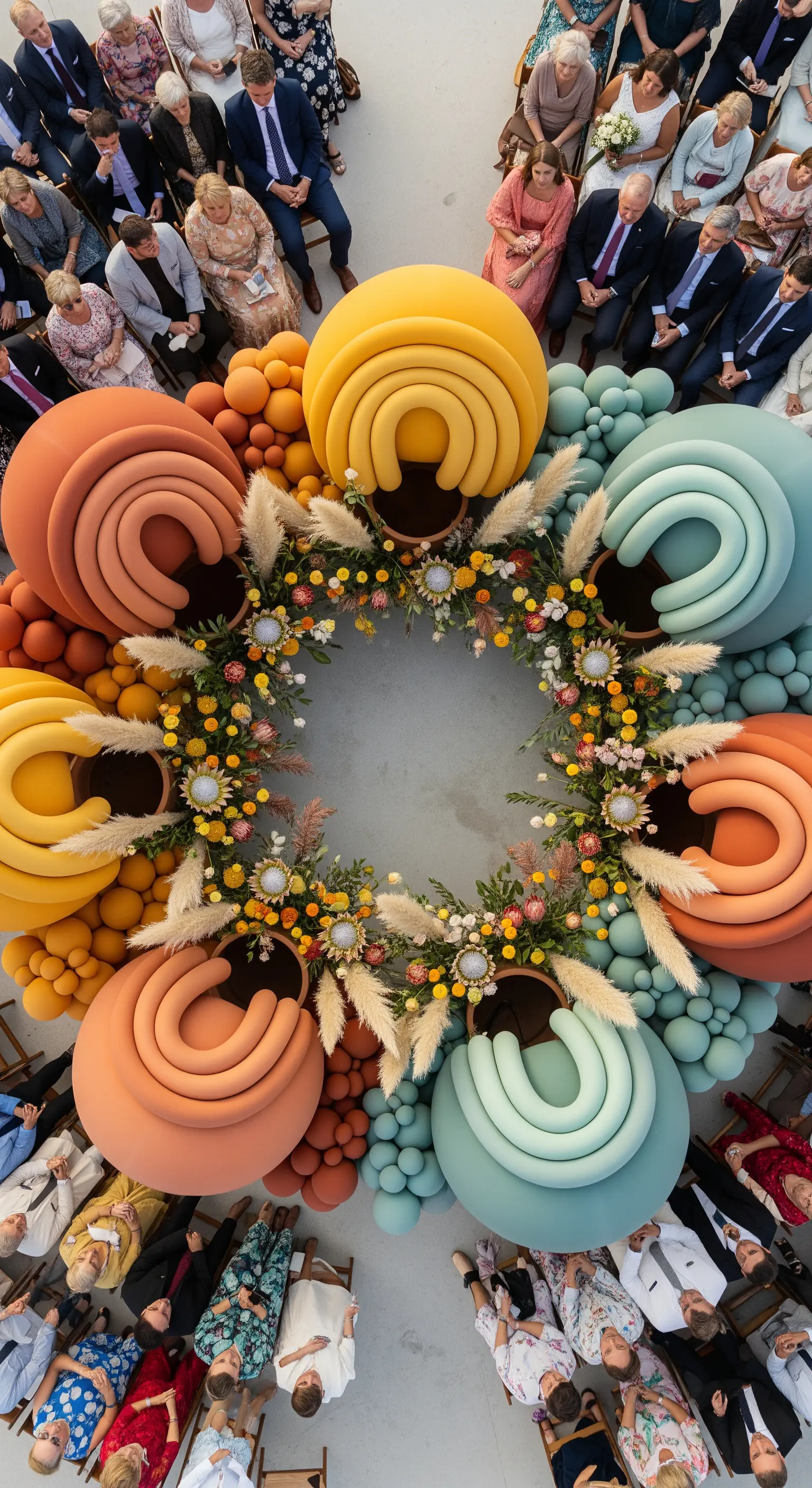Cerimonia vista dall'alto con un grande mandala di palloncini e fiori al centro.