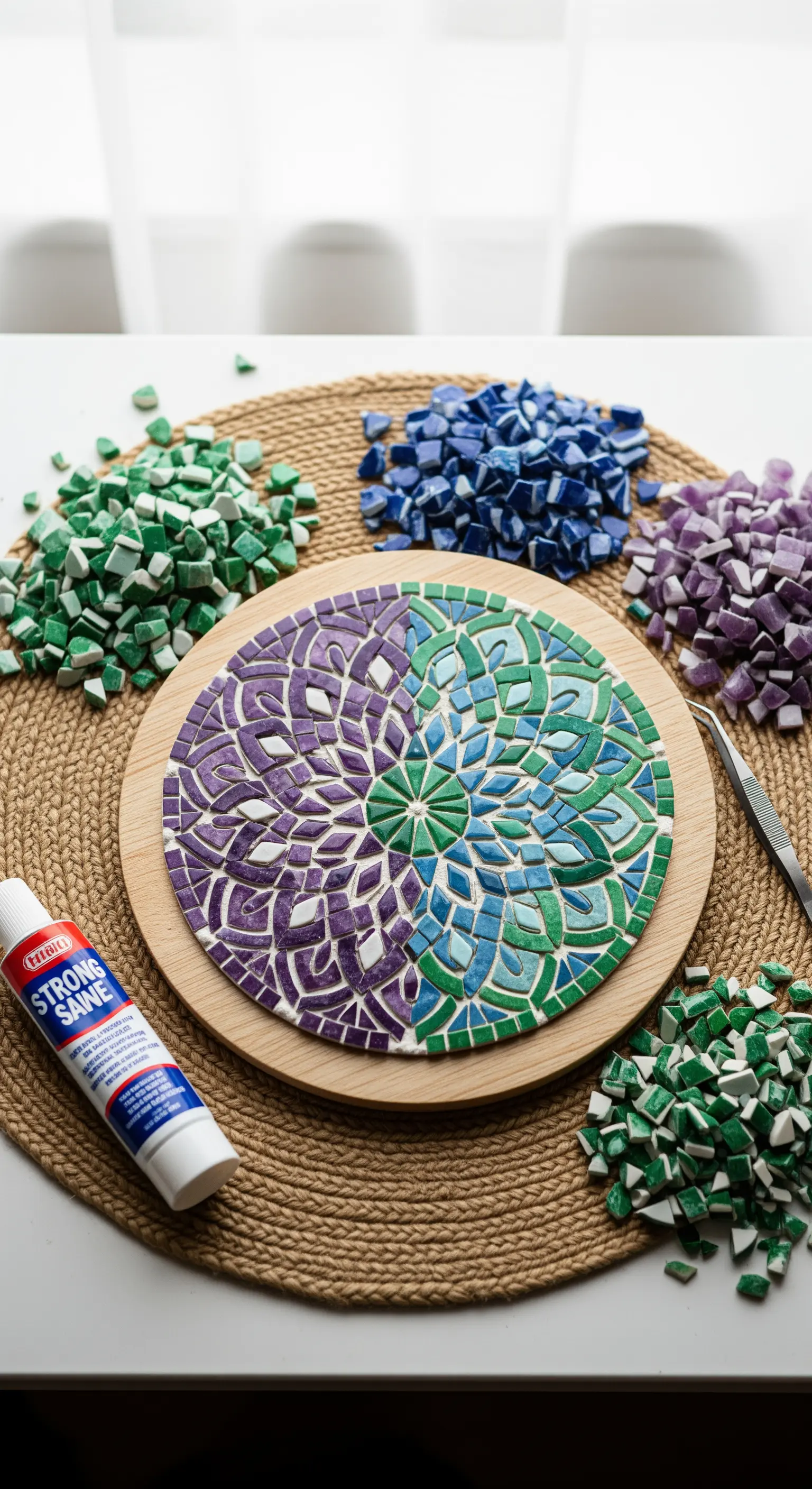 Mosaico circolare a mandala con tessere viola, verdi e blu su un sottopiatto di iuta.