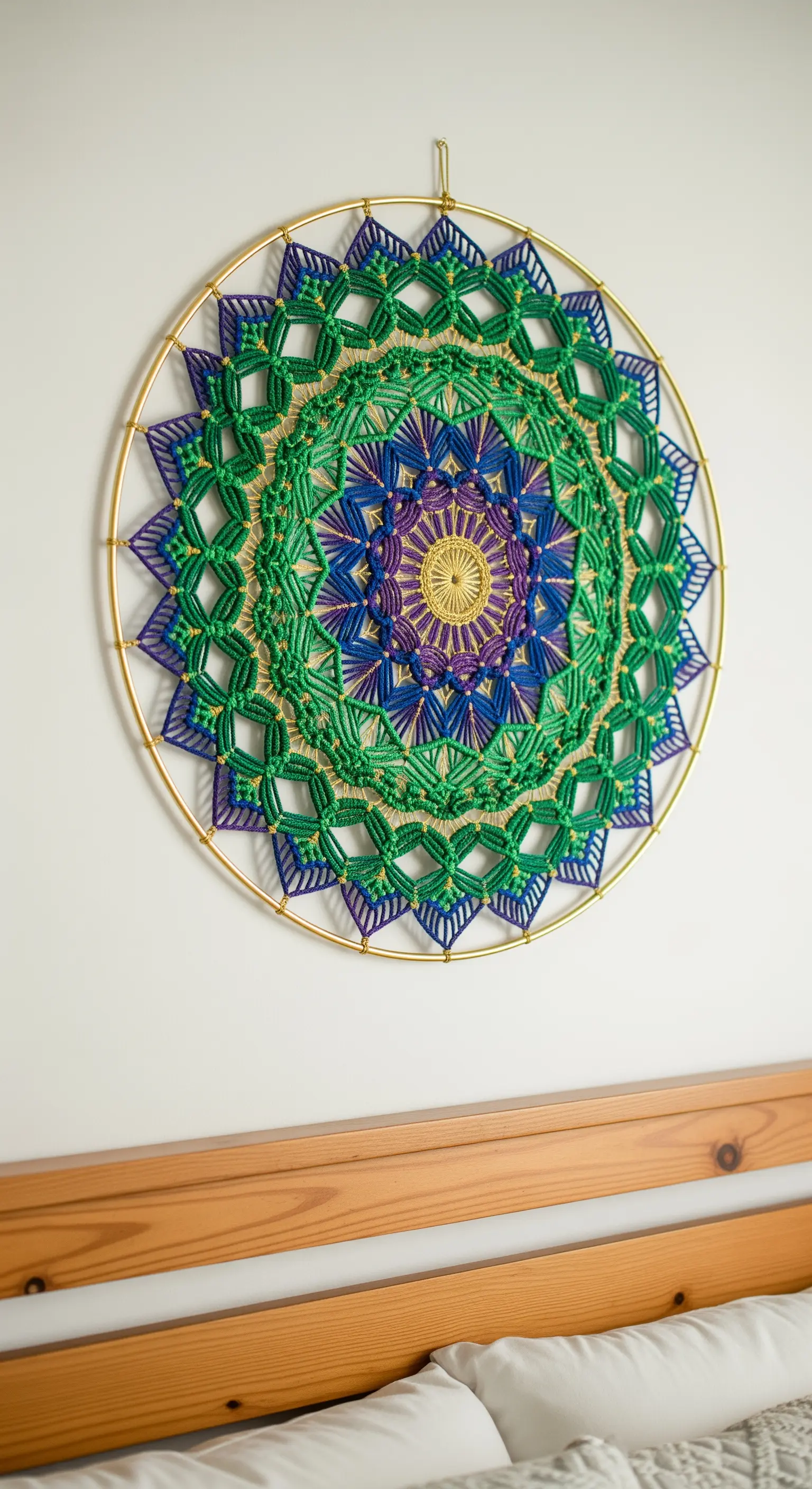 Mandala in macramè colorato appeso a una parete bianca sopra la testiera di un letto in legno.