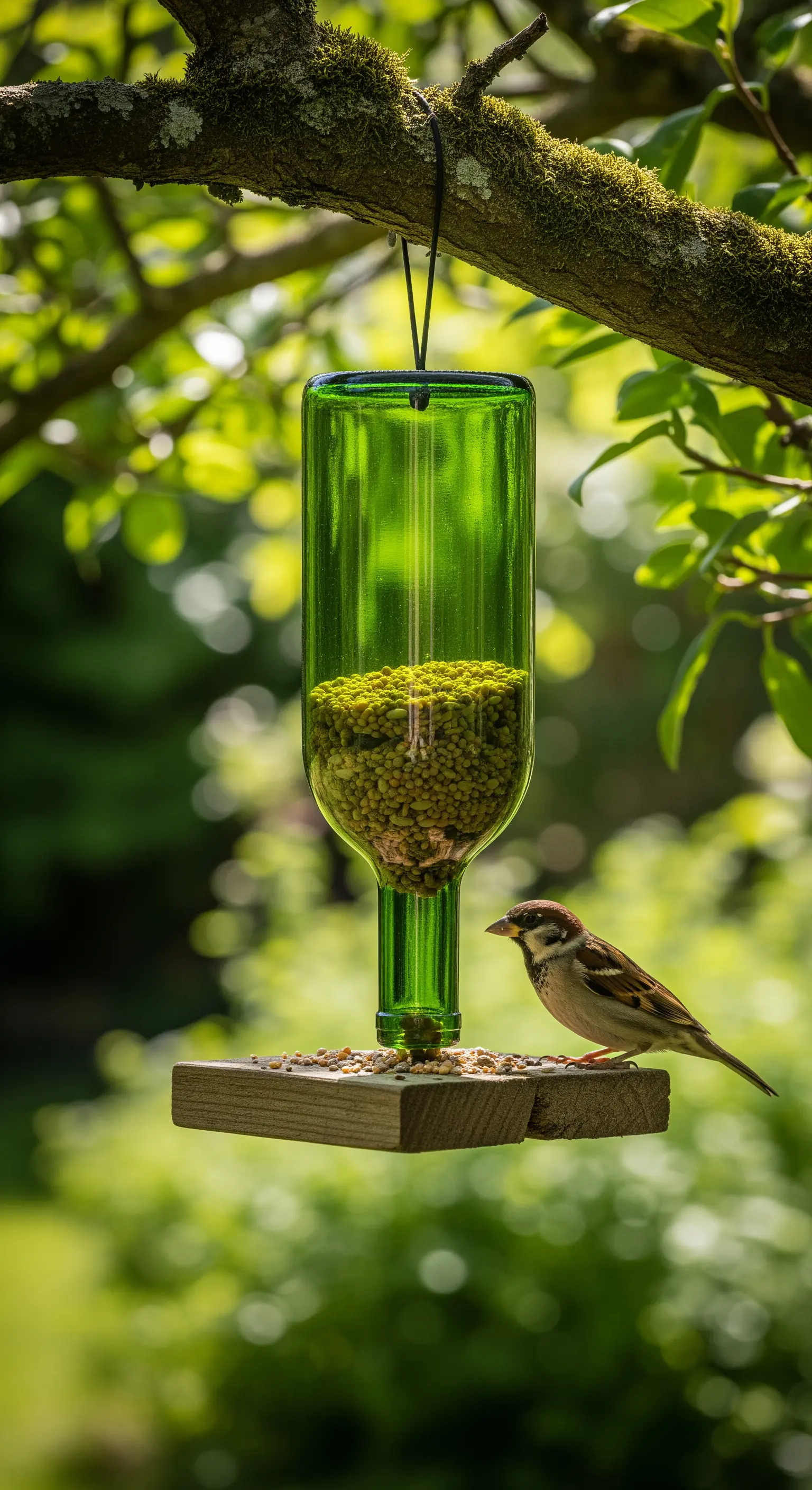Una mangiatoia per uccelli realizzata con una bottiglia di vino verde riciclata, appesa a un albero.