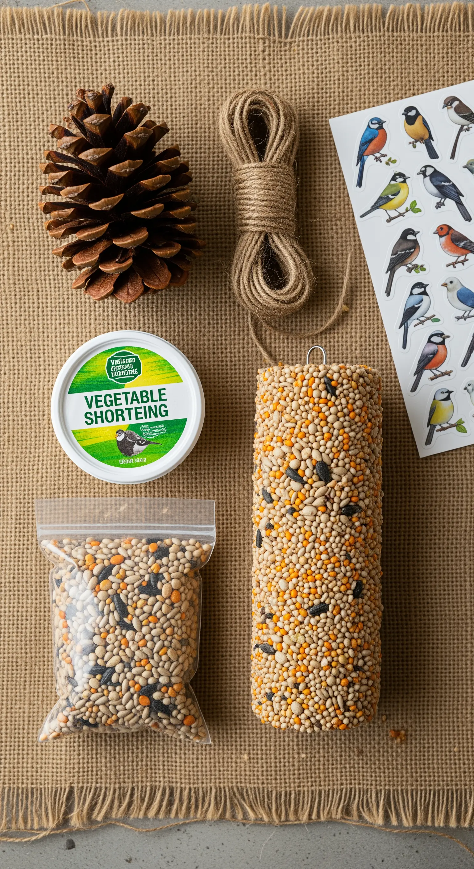 Kit per realizzare una mangiatoia per uccelli con pigna e semi.