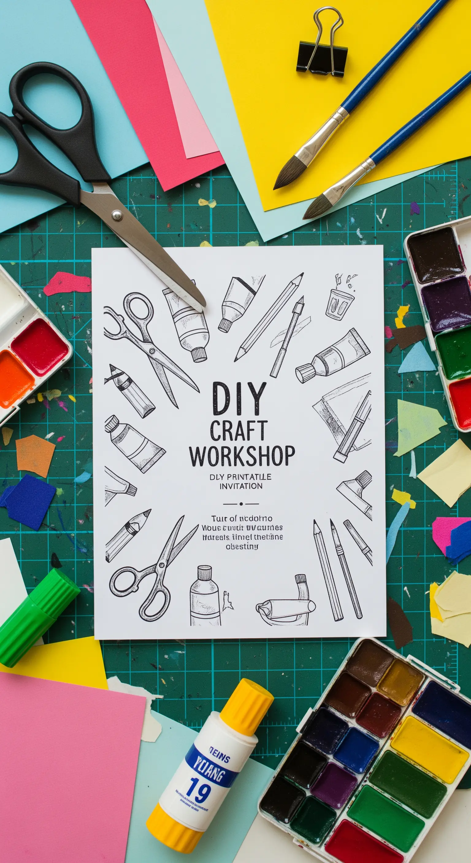 Invito per un workshop creativo con disegni in bianco e nero di materiali artistici.