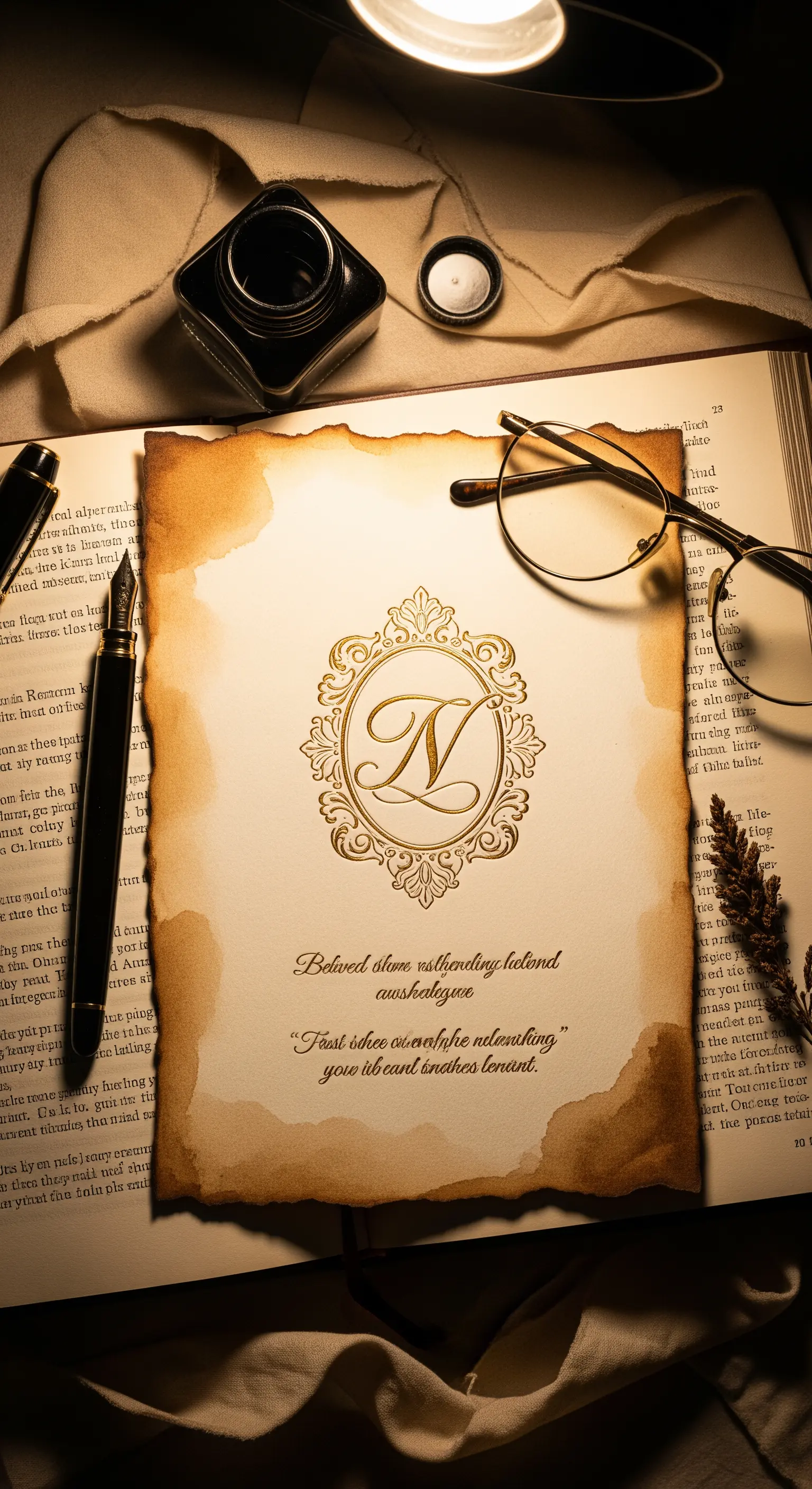 Invito stile manoscritto su carta invecchiata con monogramma dorato calligrafico al centro.