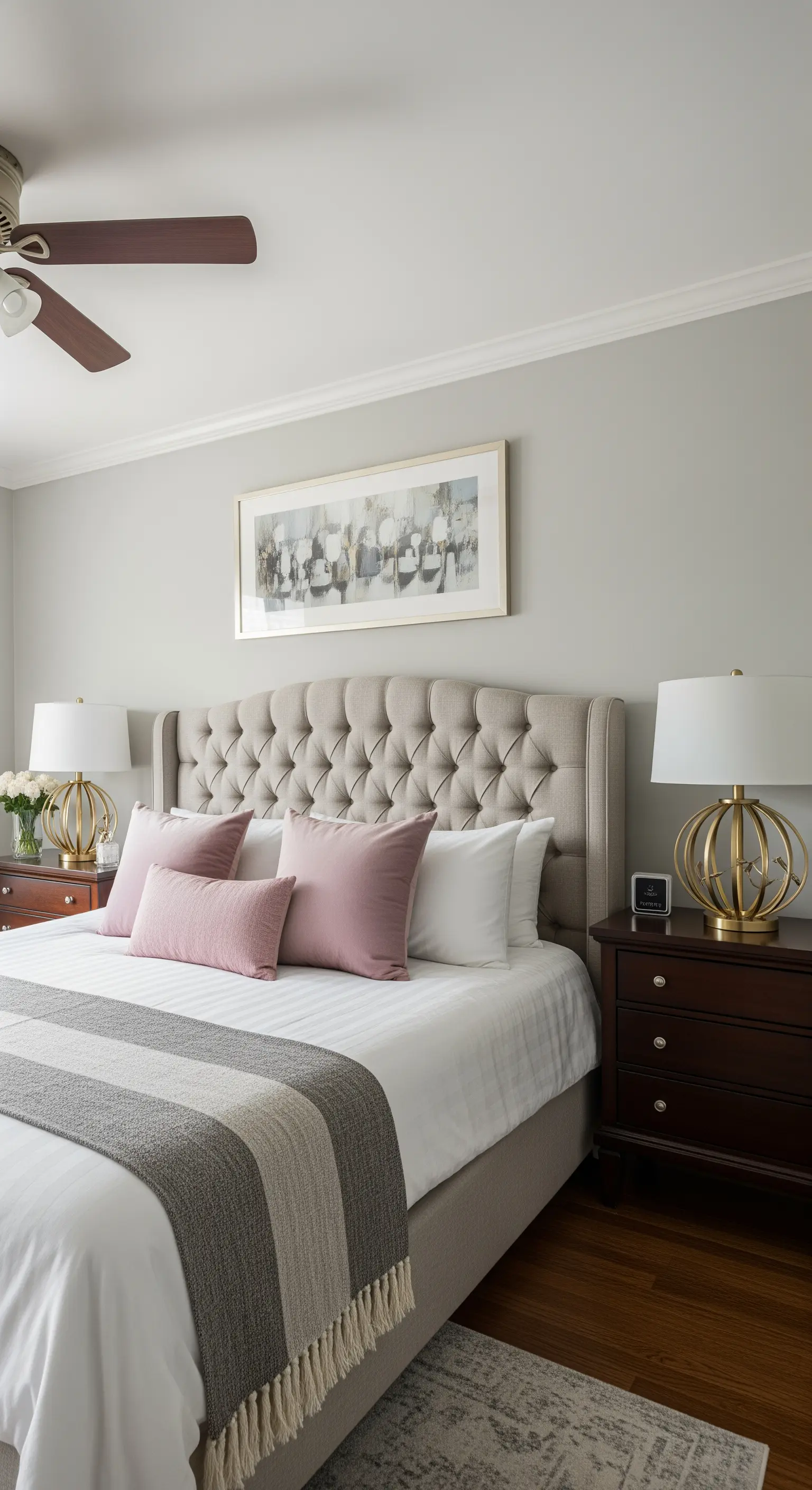 Letto con testiera neutra, cuscini rosa e lampade da comodino con base dorata.