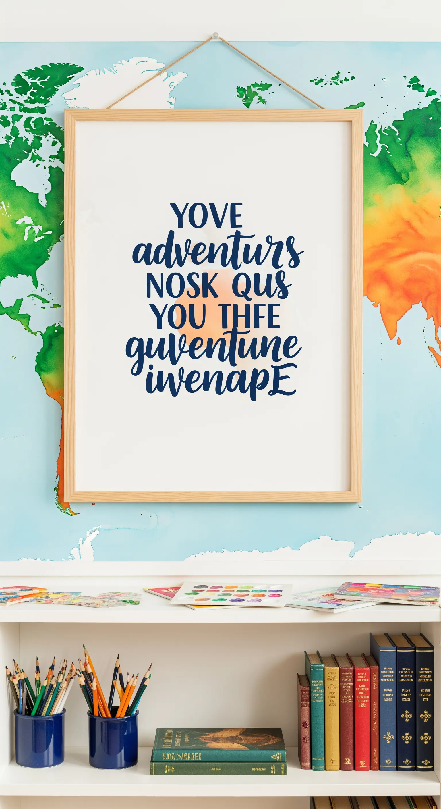 Quadro con citazione a tema avventura, appeso a una parete con una grande mappa del mondo.