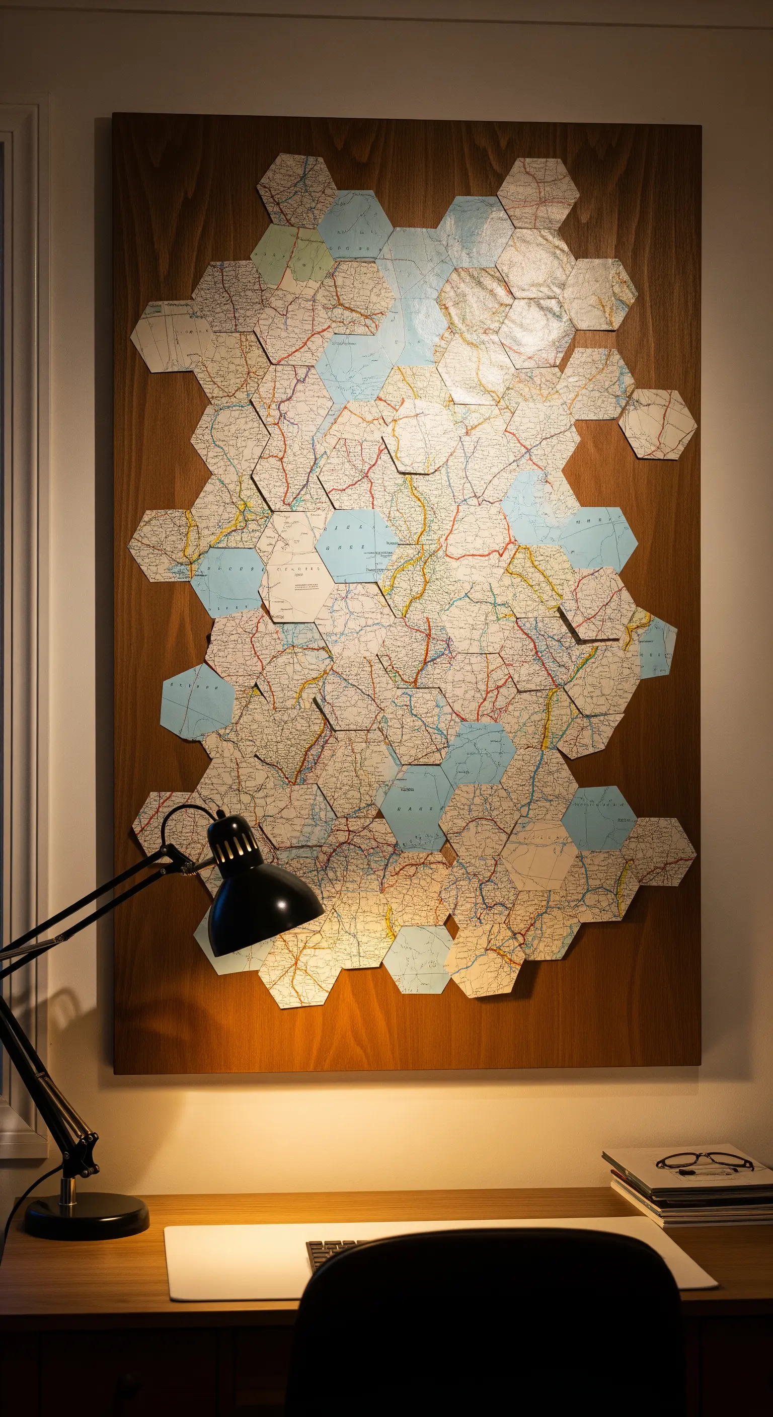 Decorazione murale con una mappa del mondo composta da tessere esagonali su un pannello di legno.
