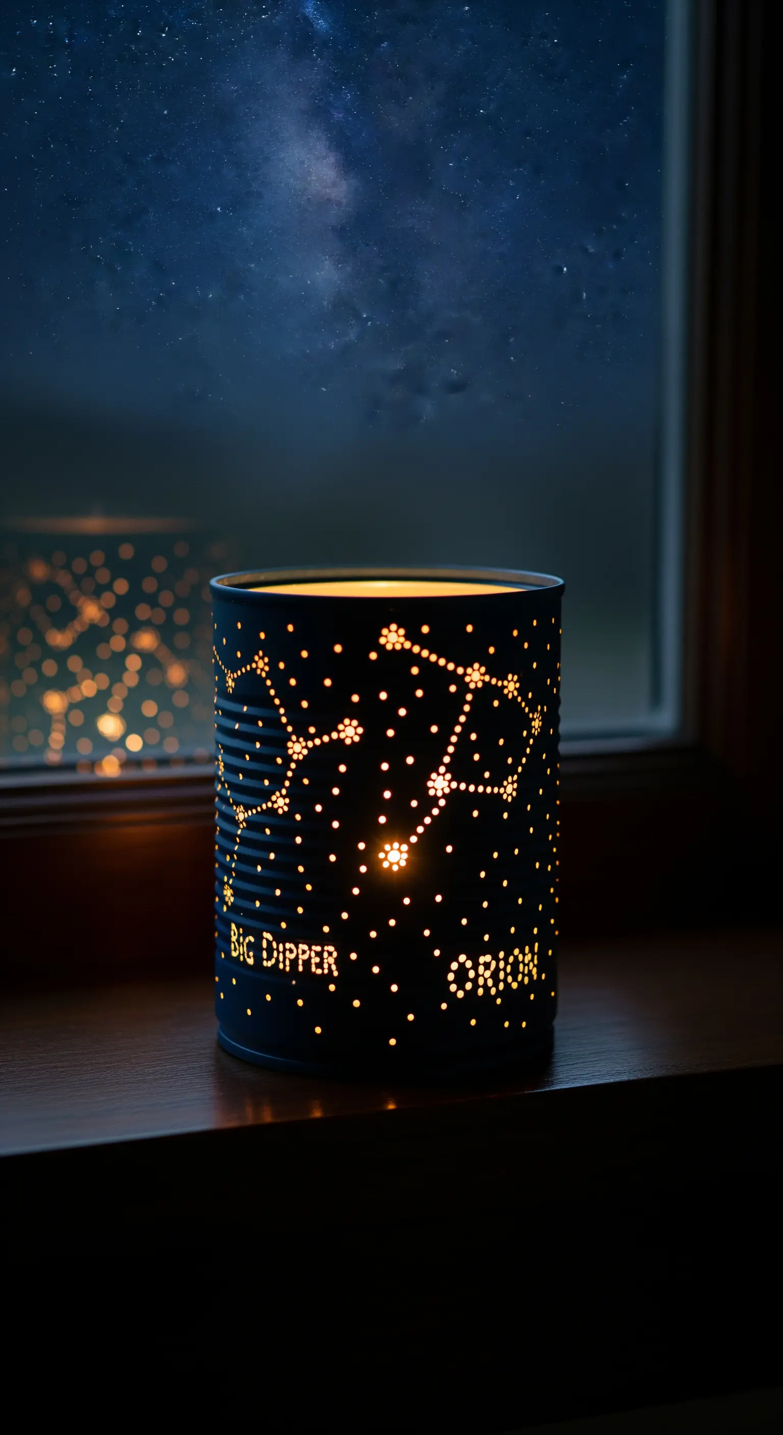 Lanterna fai-da-te in latta blu scuro traforata per rappresentare le costellazioni di Orione.