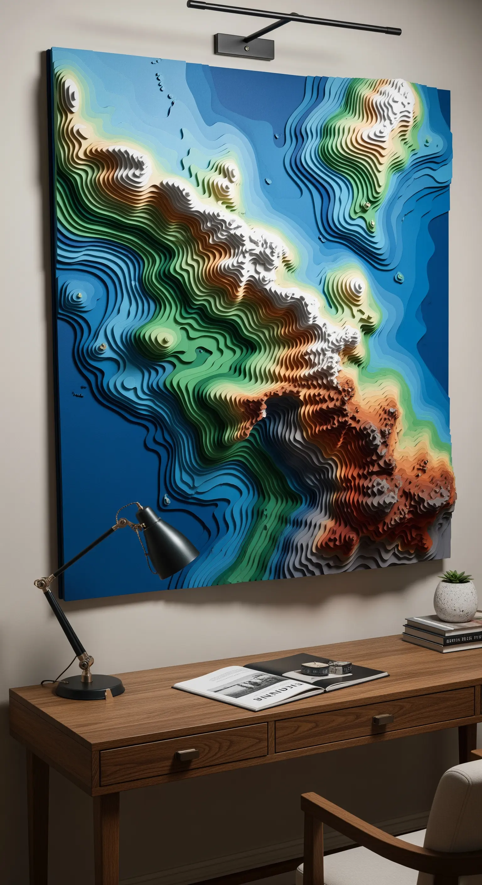 Una mappa topografica 3D realizzata con strati di carta colorata che rappresentano le altitudini.