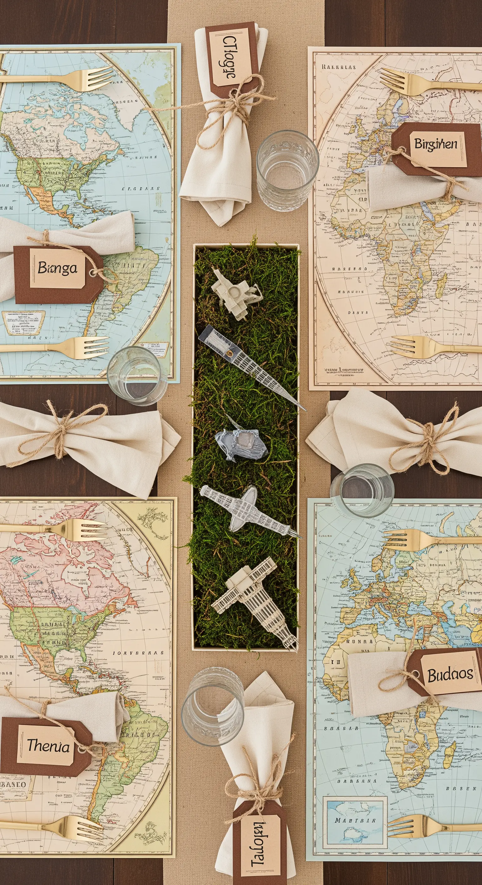 Tavola a tema viaggio con tovagliette a forma di mappa e segnaposto a etichetta da valigia.